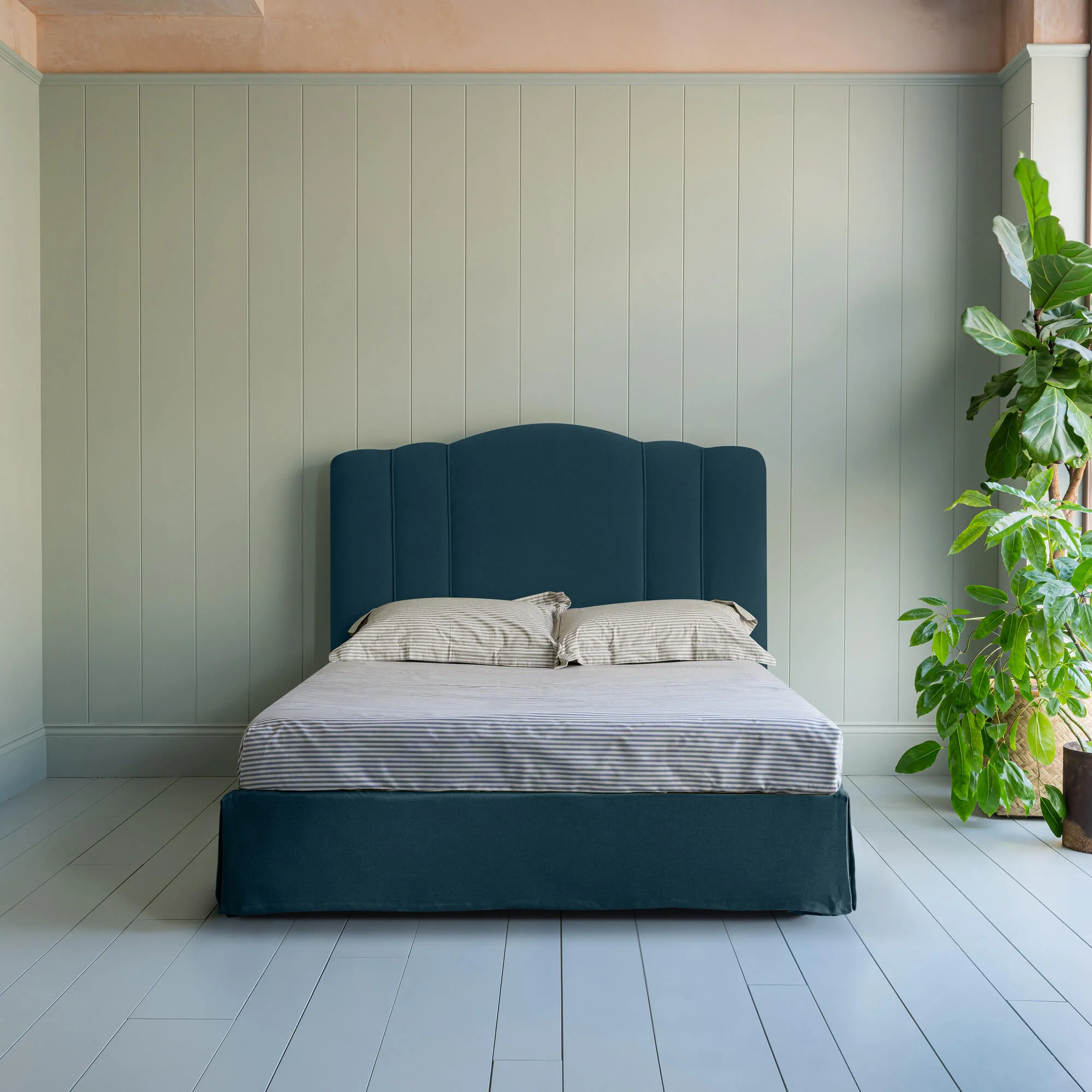 Cloud Nine Upholstered Bed in Intelligent Velvet Aegean with Kick Pleat Valance