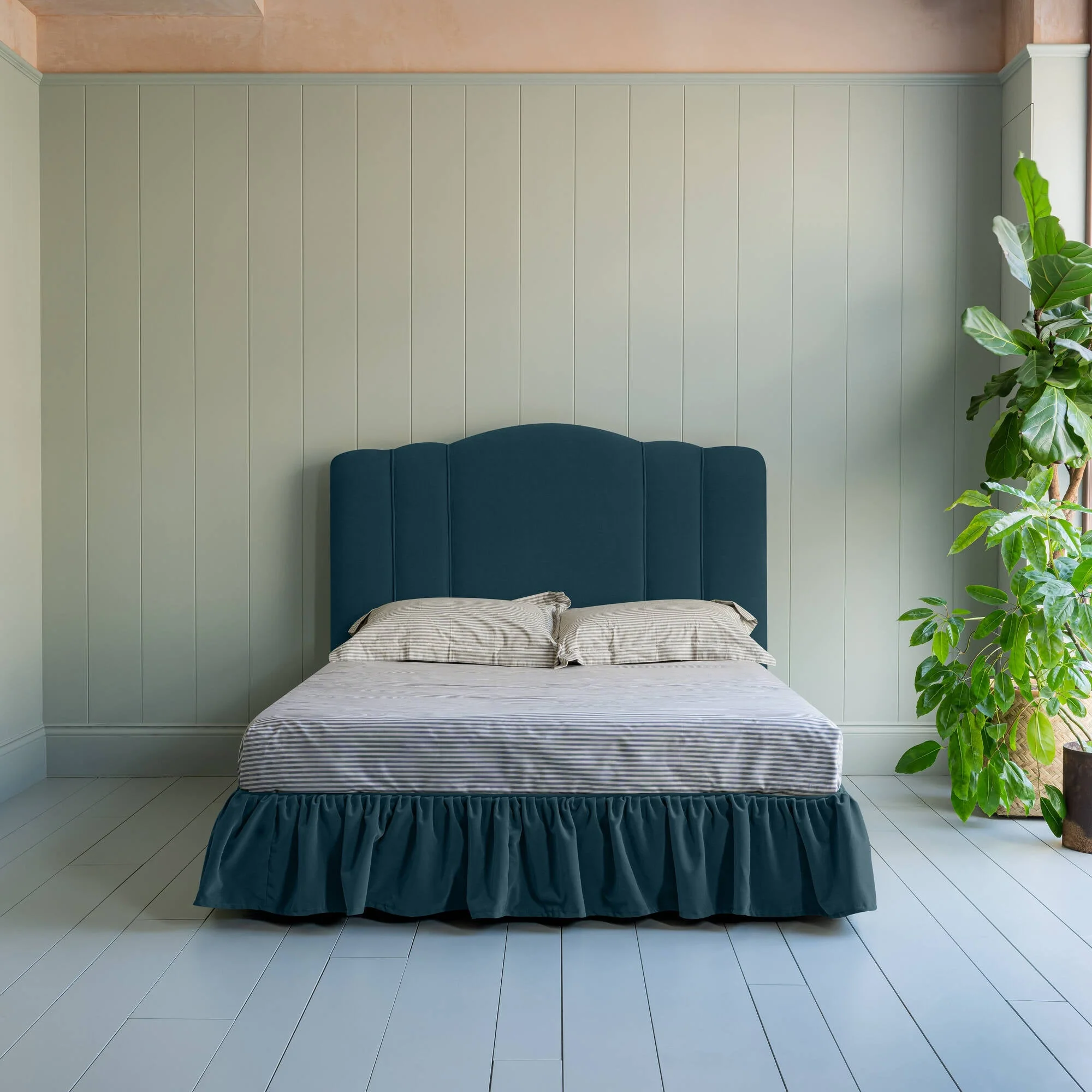 Cloud Nine Upholstered Bed in Intelligent Velvet Aegean with Ruffled Valance