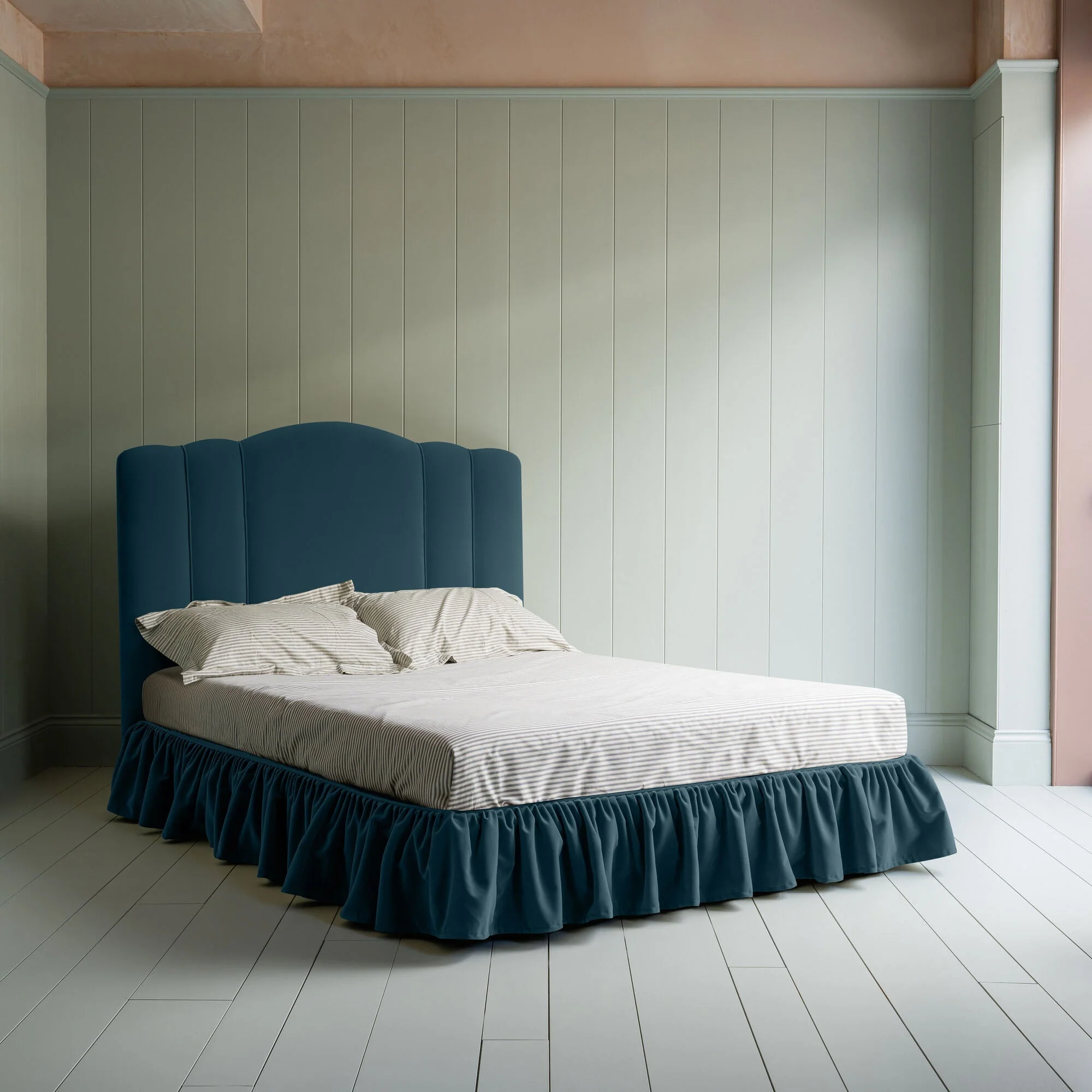 Cloud Nine Upholstered Bed in Intelligent Velvet Aegean with Ruffled Valance - Image 2