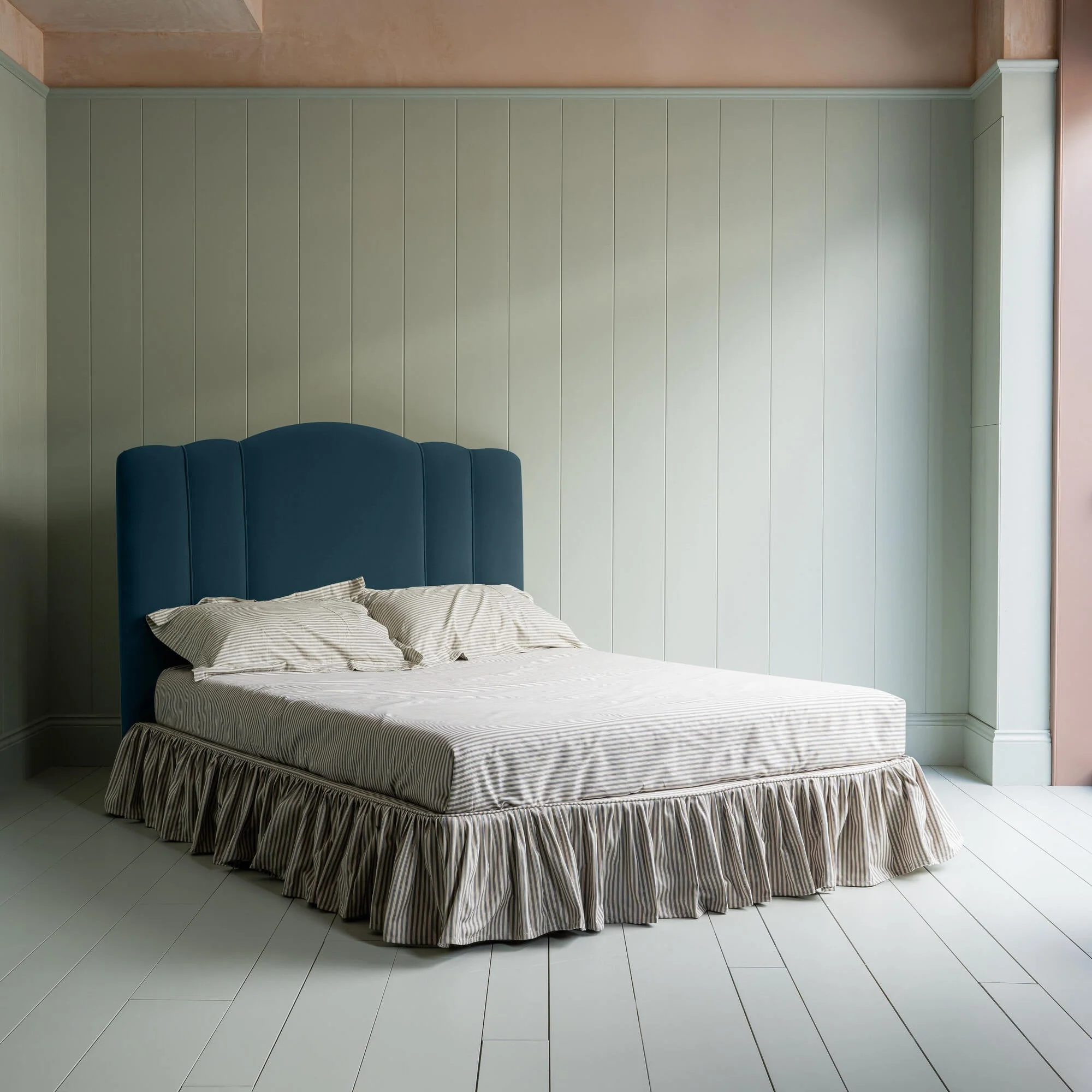 Cloud Nine Upholstered Bed in Intelligent Velvet Aegean with Ticking Cotton Ruffled Valance - Image 2