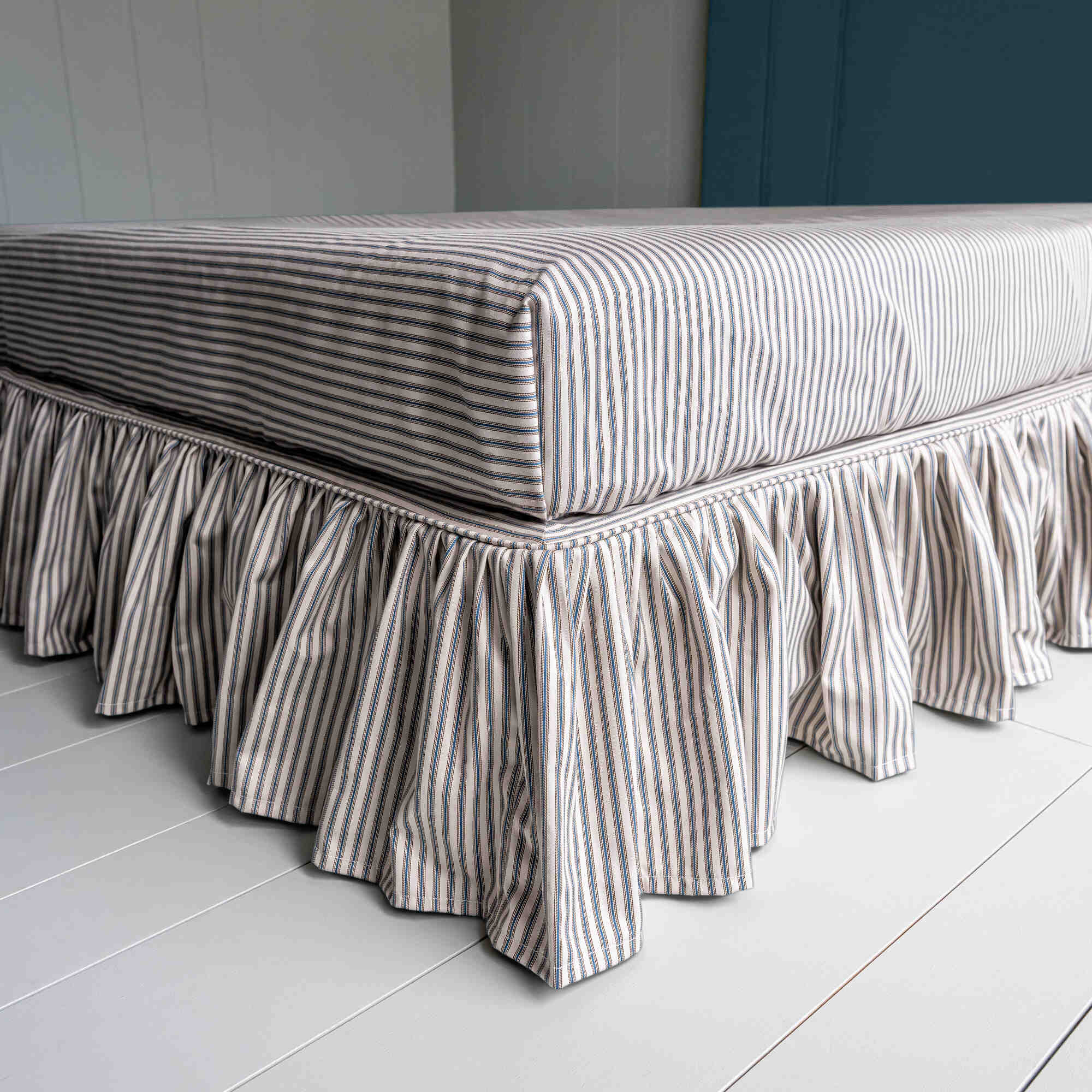 Cloud Nine Upholstered Bed in Intelligent Velvet Aegean with Ticking Cotton Ruffled Valance - Image 5