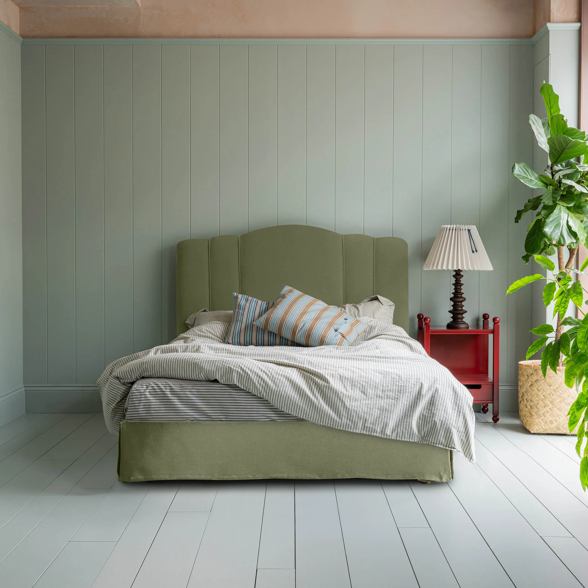 Cloud Nine Upholstered Bed in Intelligent Velvet Green Tea with Kick Pleat Valance - Image 4