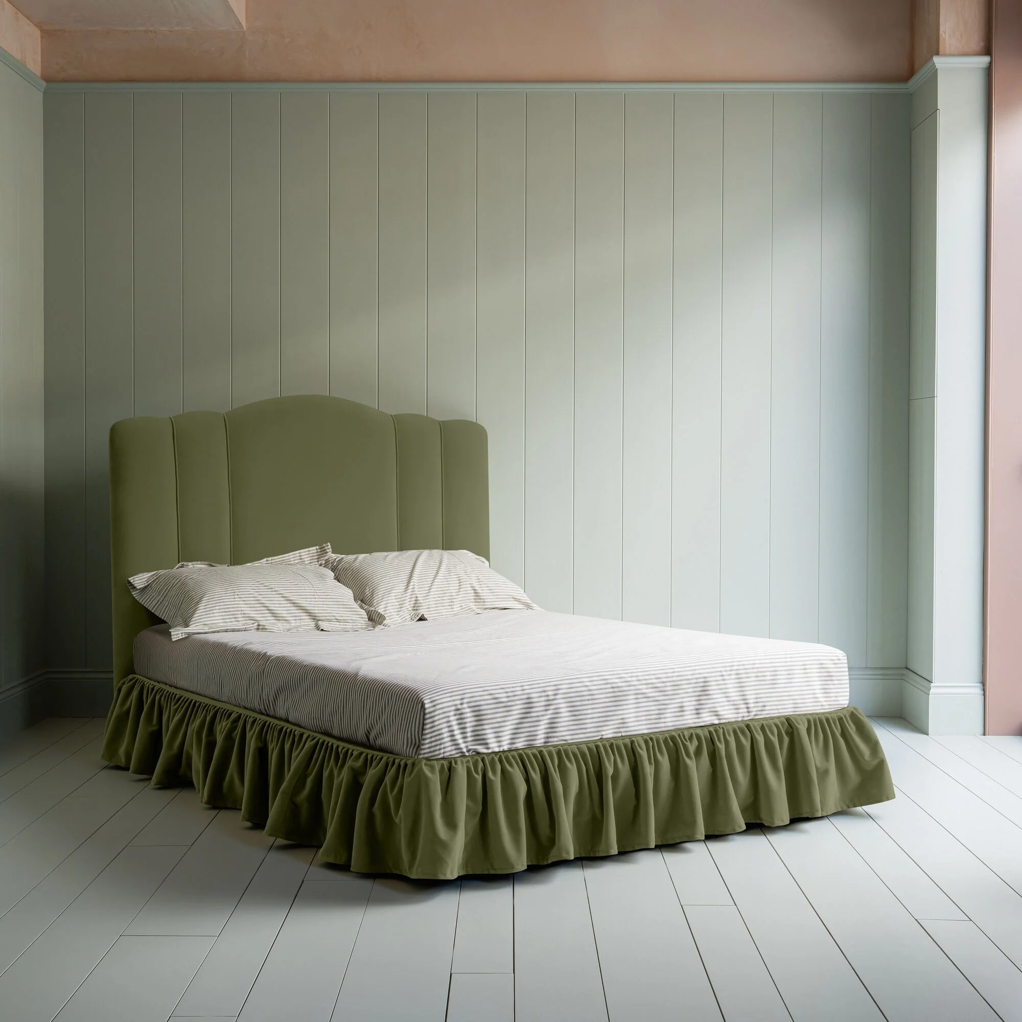 Cloud Nine Upholstered Bed in Intelligent Velvet Green Tea with Ruffled Valance - Image 2