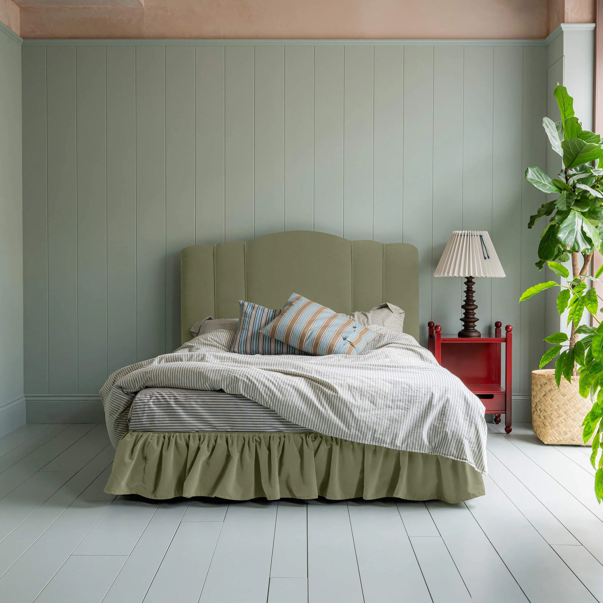 Cloud Nine Upholstered Bed in Intelligent Velvet Green Tea with Ruffled Valance - Image 4