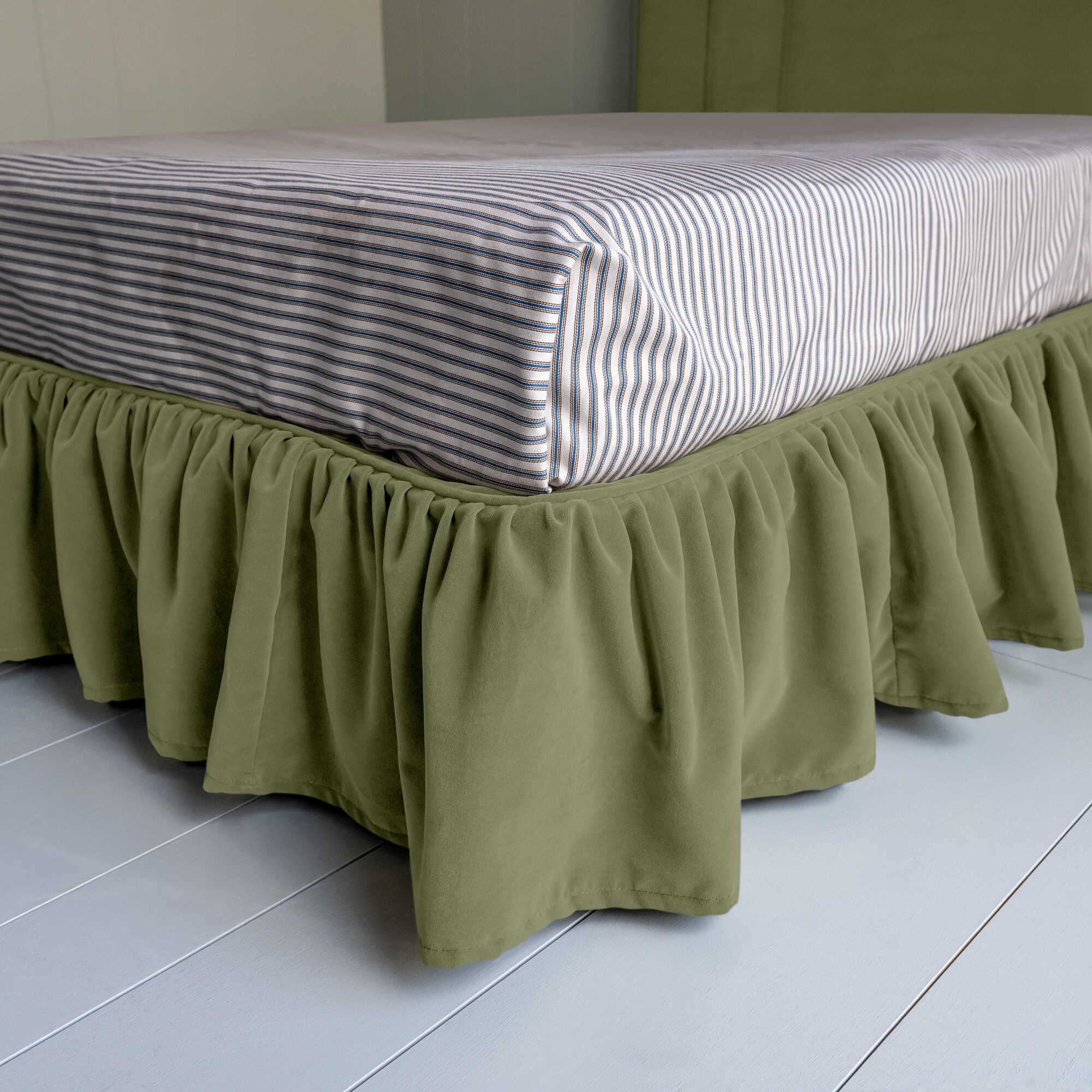 Cloud Nine Upholstered Bed in Intelligent Velvet Green Tea with Ruffled Valance - Image 5