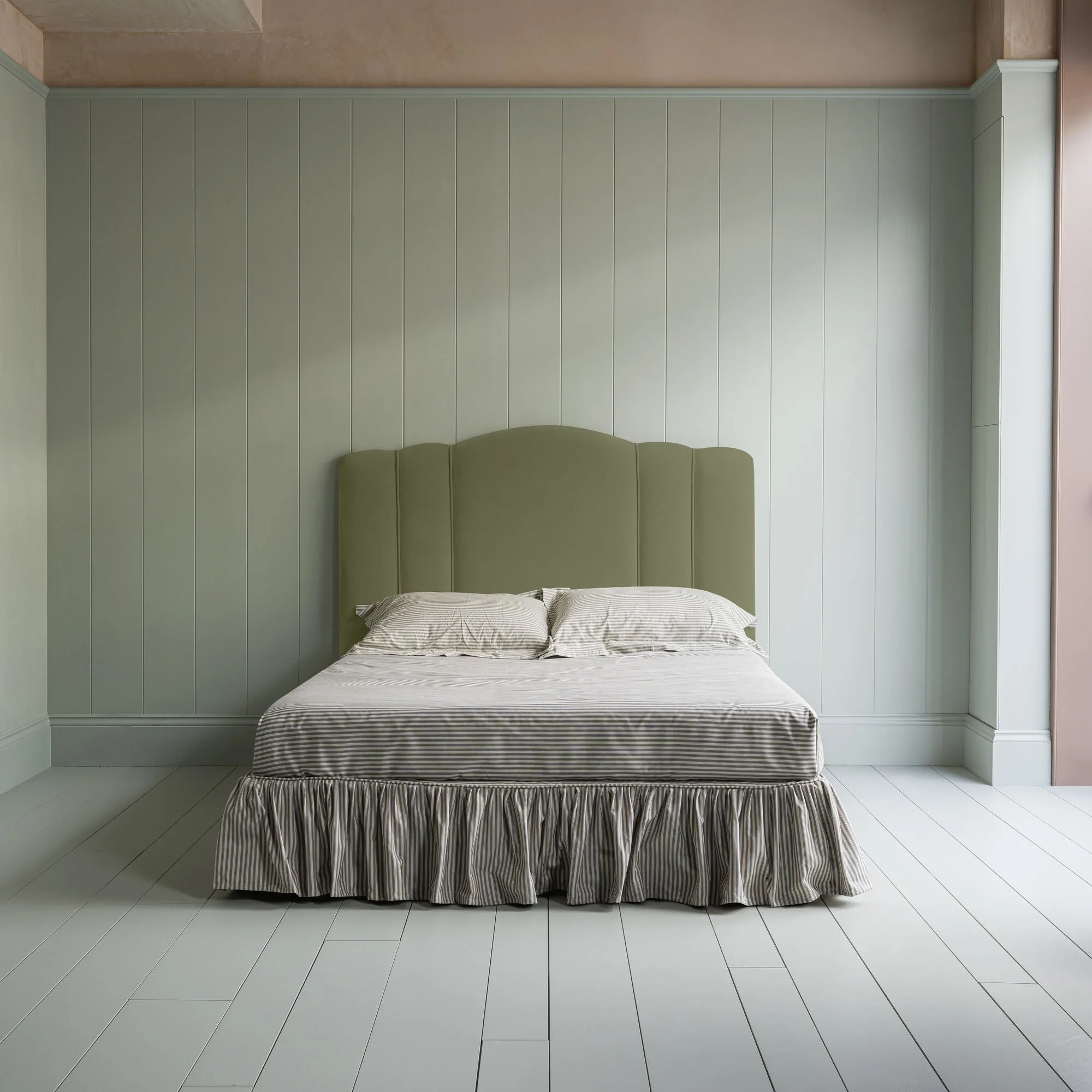 Cloud Nine Upholstered Bed in Intelligent Velvet Green Tea with Ticking Cotton Ruffled Valance