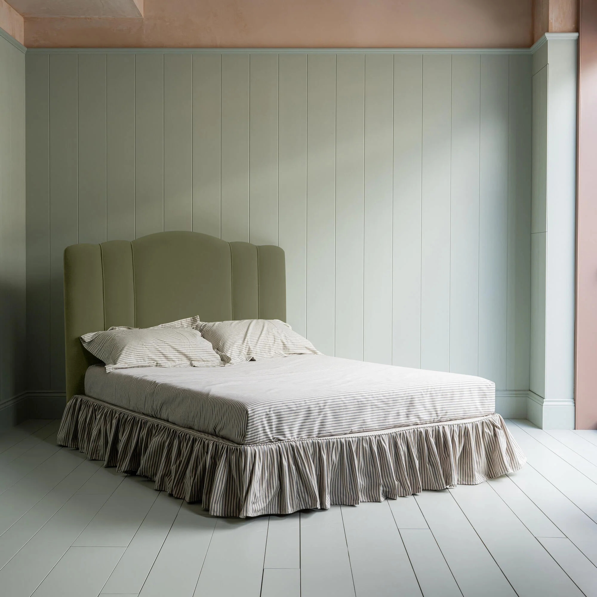 Cloud Nine Upholstered Bed in Intelligent Velvet Green Tea with Ticking Cotton Ruffled Valance - Image 2