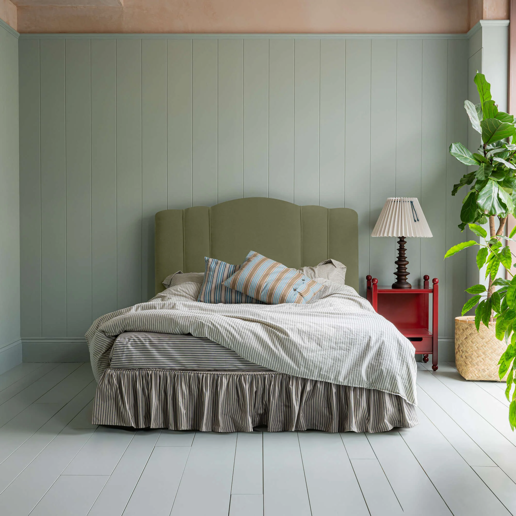 Cloud Nine Upholstered Bed in Intelligent Velvet Green Tea with Ticking Cotton Ruffled Valance - Image 4