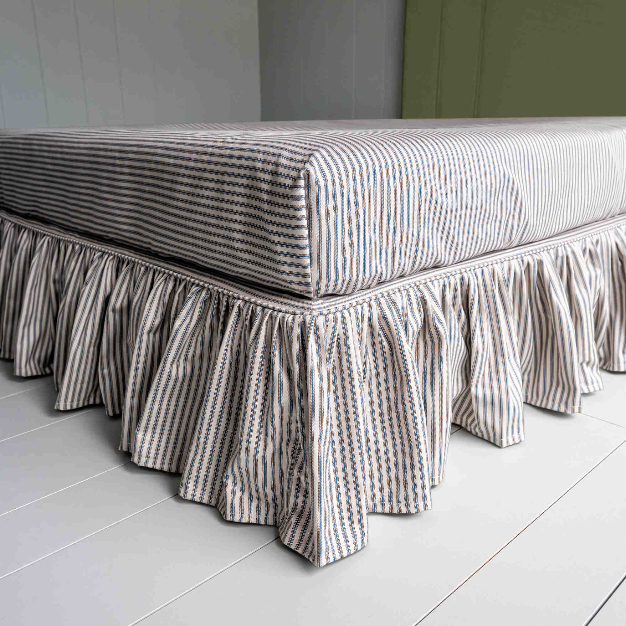 Cloud Nine Upholstered Bed in Intelligent Velvet Green Tea with Ticking Cotton Ruffled Valance - Image 5