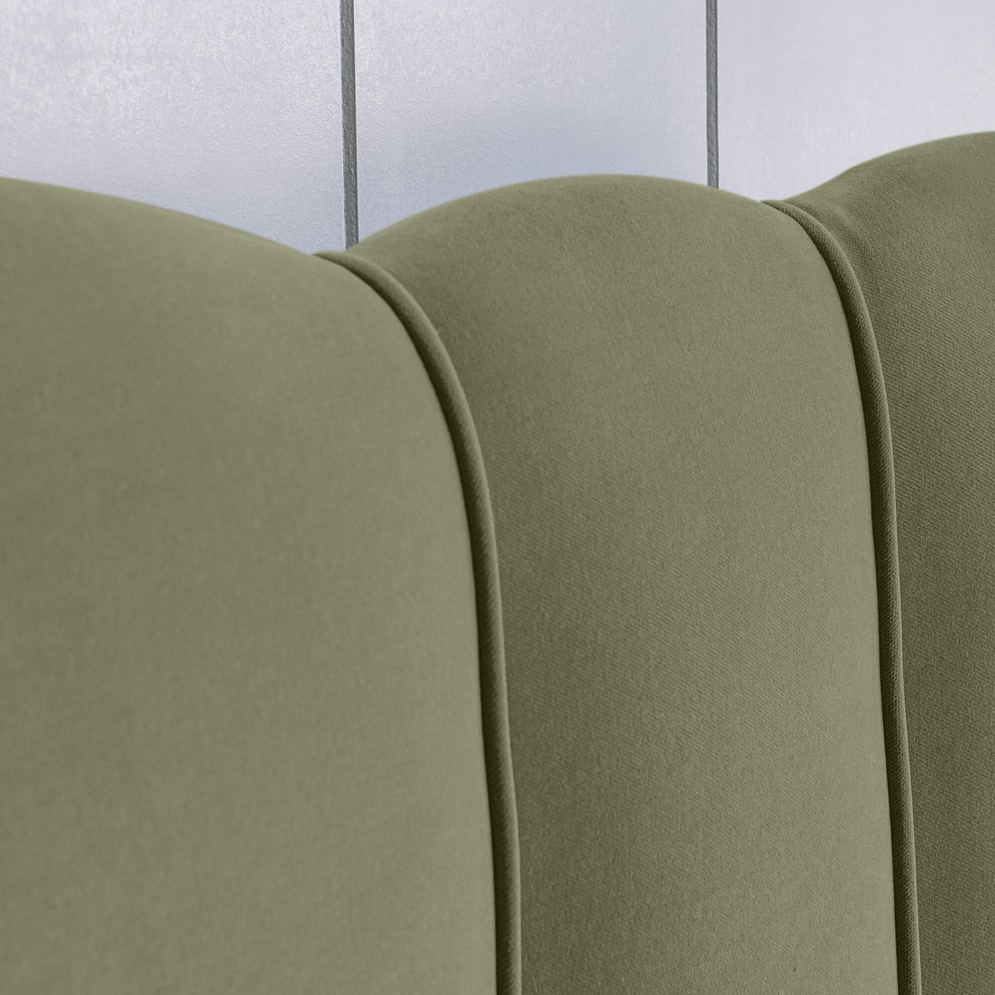 Cloud Nine Upholstered Bed in Intelligent Velvet Green Tea with Ticking Cotton Ruffled Valance - Image 7