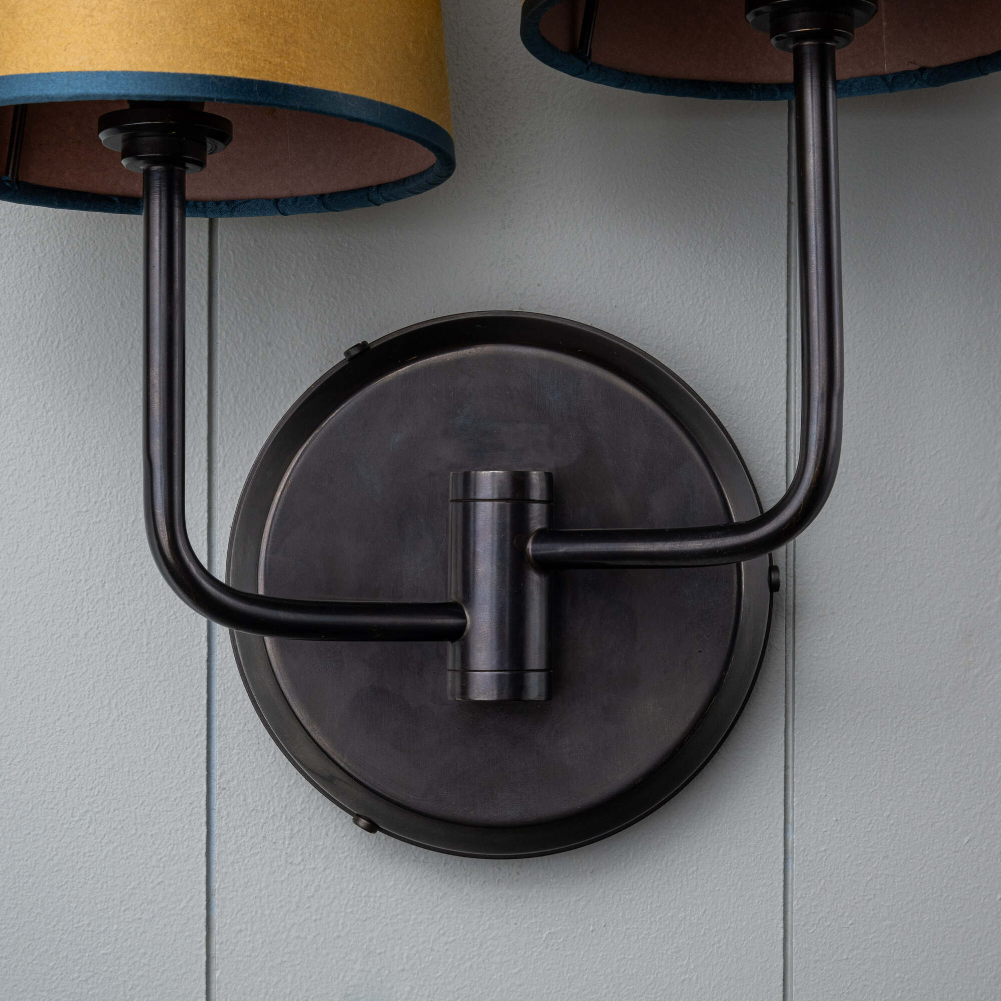 Double Trouble Waxed Brass Wall Light With Mustard Lamp Shades - Image 5