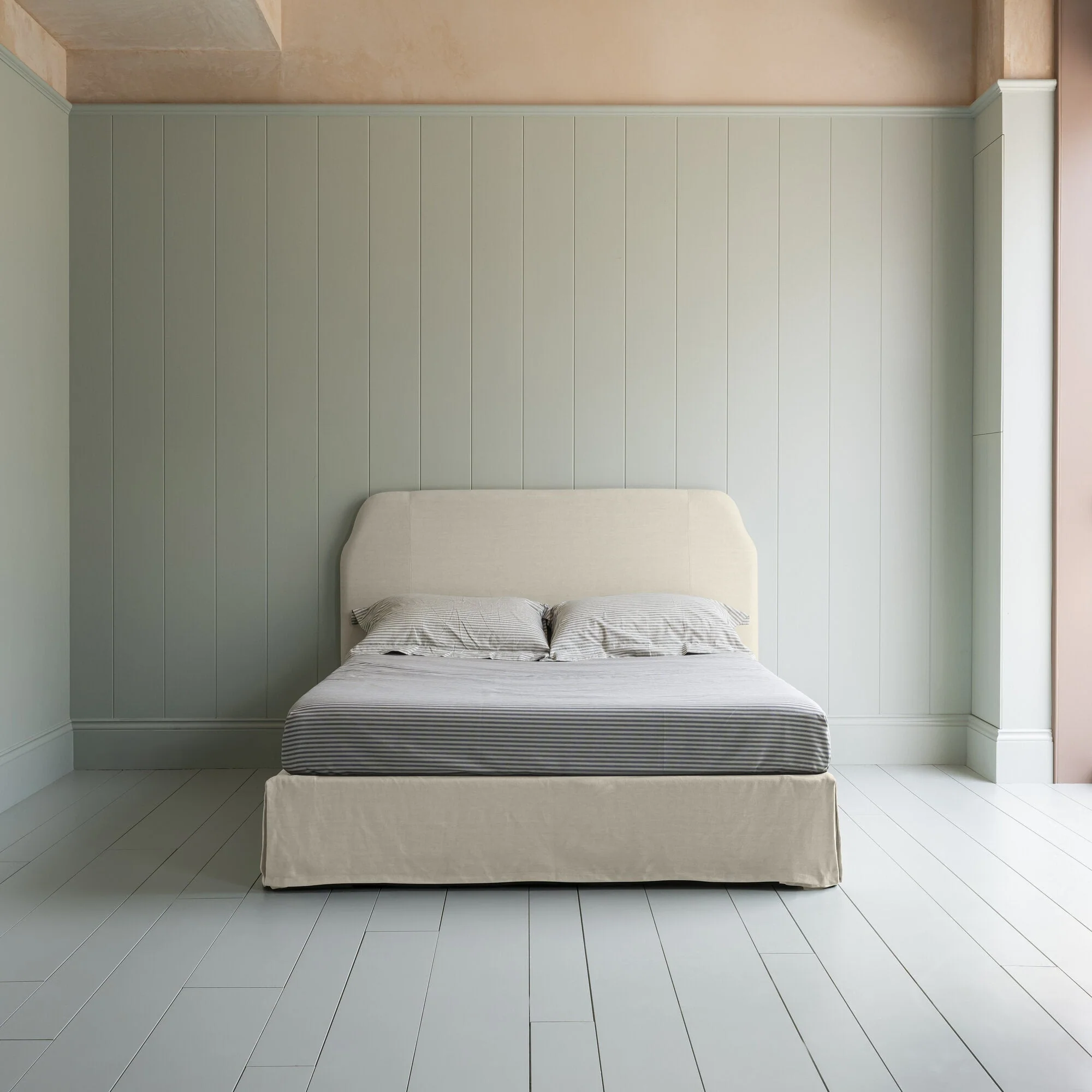 Dream Ticket Upholstered Bed in Laidback Linen Dove with Kick Pleat Valance