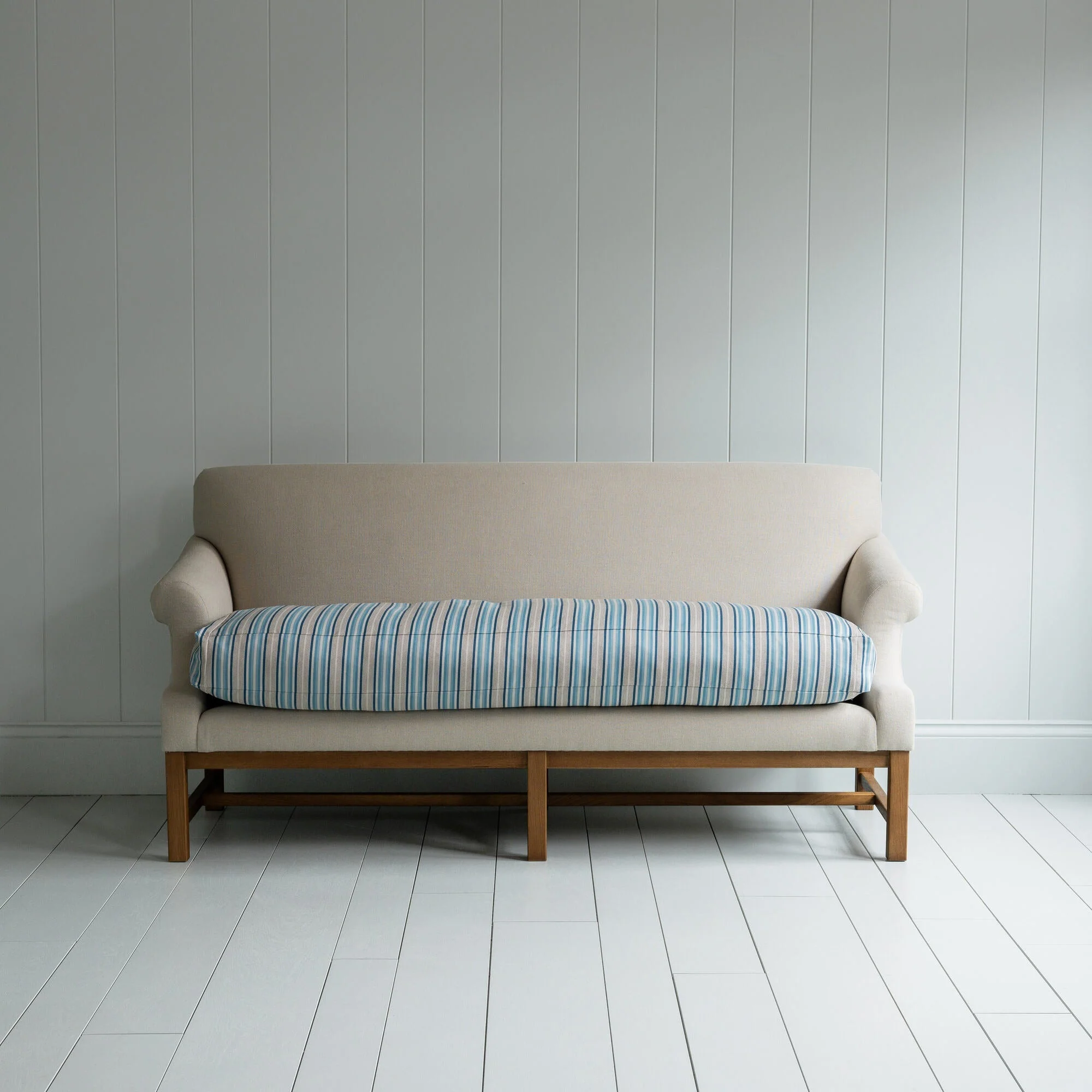 Front Row 3 Seater Upholstered Bench in Laidback Linen Dove Frame and Slow Lane Cotton Linen Blue Seat - Image 3
