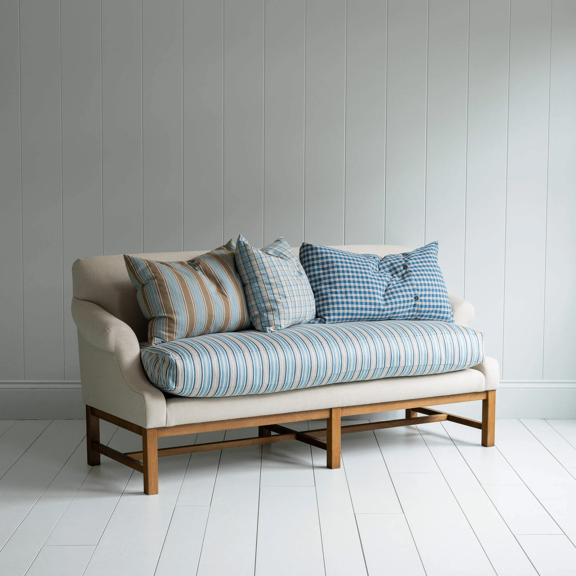 Front Row 3 Seater Upholstered Bench in Laidback Linen Dove Frame and Slow Lane Cotton Linen Blue Seat - Image 5