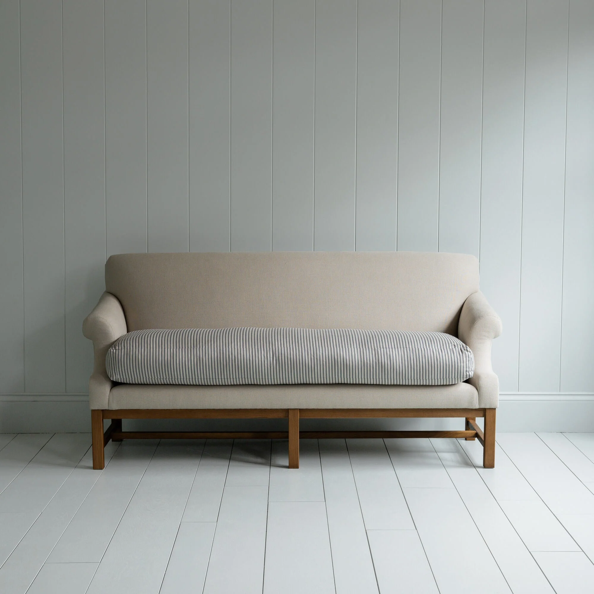 Front Row 3 Seater Upholstered Bench in Laidback Linen Dove Frame and Ticking Cotton Blue Brown Seat - Image 3