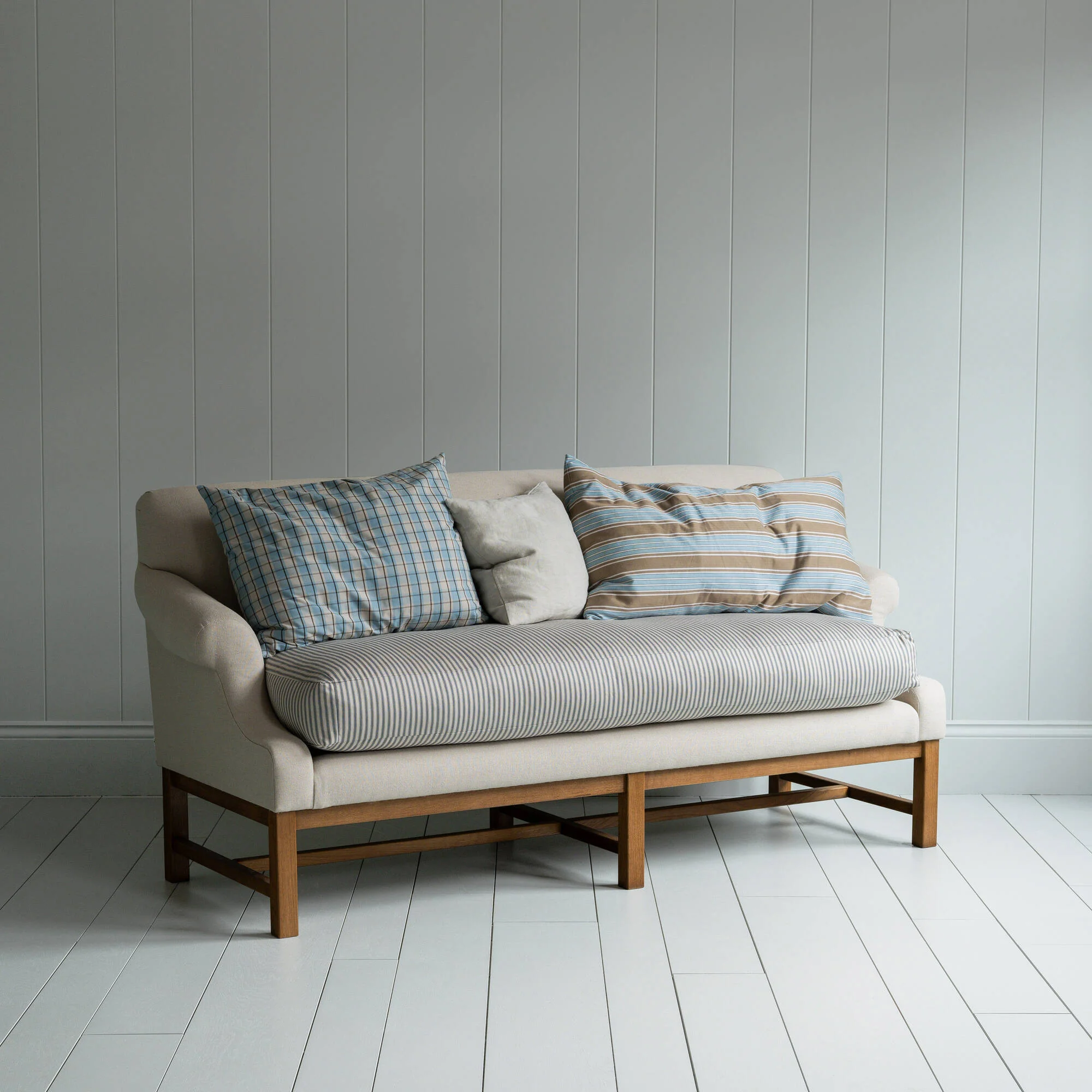 Front Row 3 Seater Upholstered Bench in Laidback Linen Dove Frame and Ticking Cotton Blue Brown Seat - Image 5