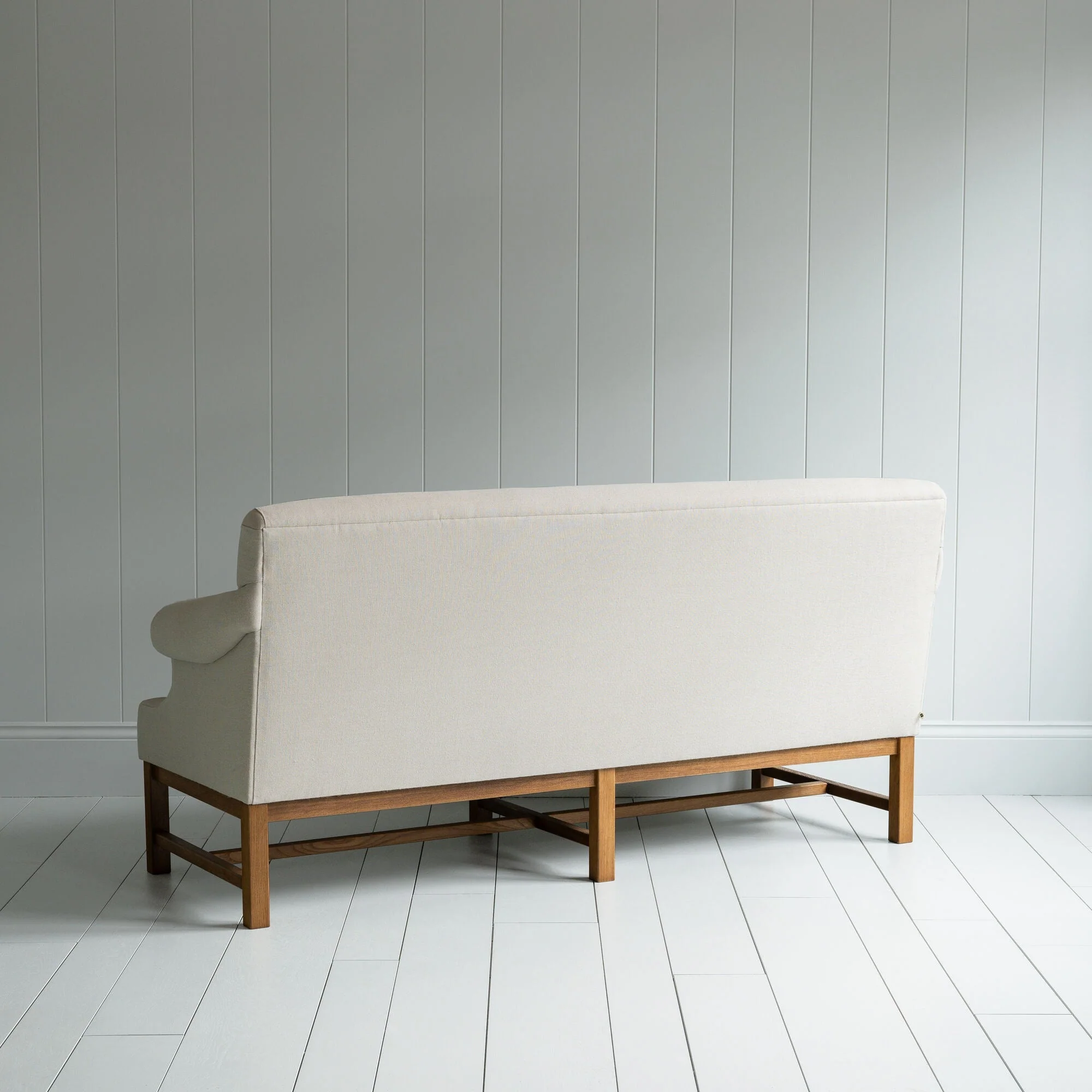 Front Row 3 Seater Upholstered Bench in Laidback Linen Dove Frame and Ticking Cotton Blue Brown Seat - Image 7