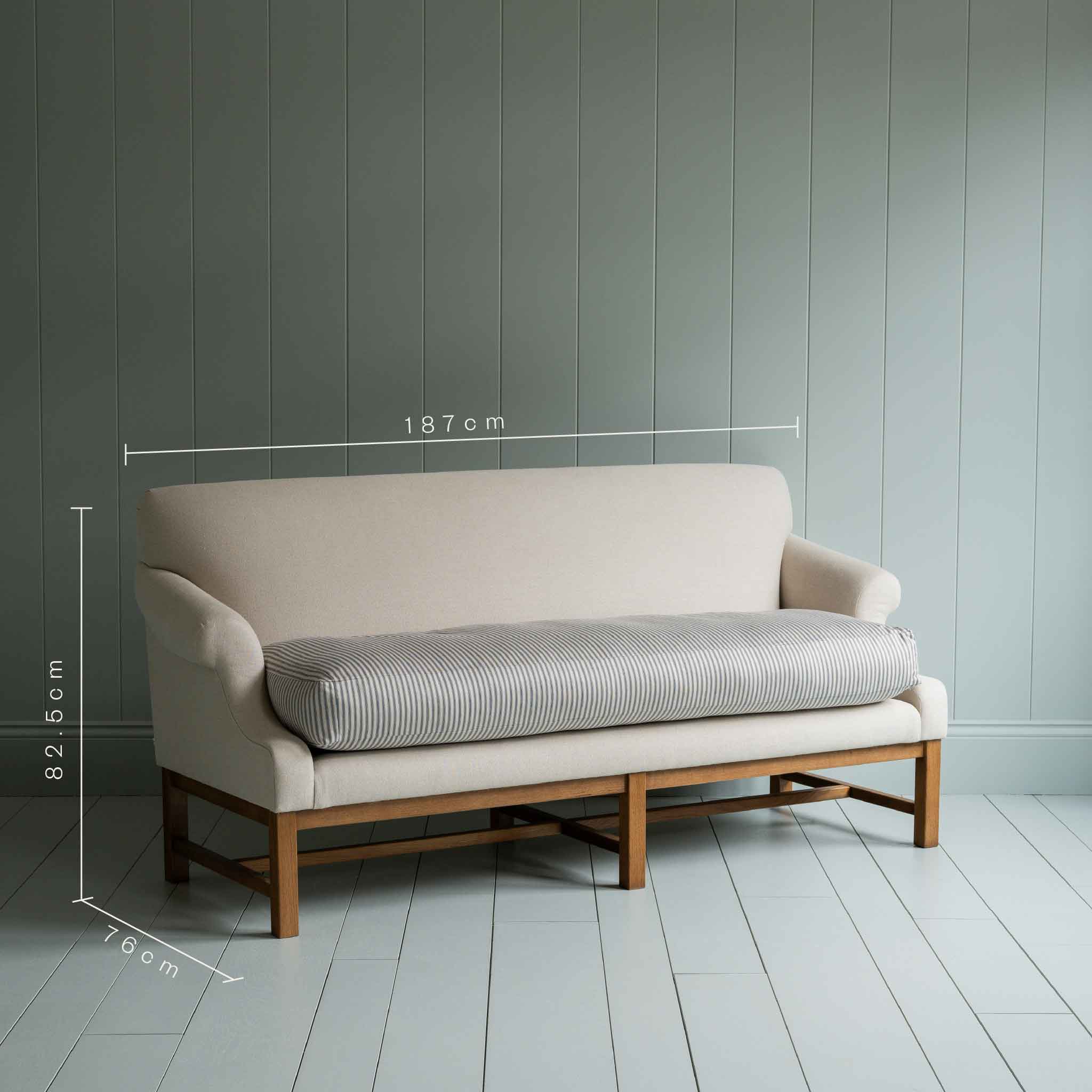 Front Row 3 Seater Upholstered Bench in Laidback Linen Dove Frame and Ticking Cotton Blue Brown Seat - Image 8