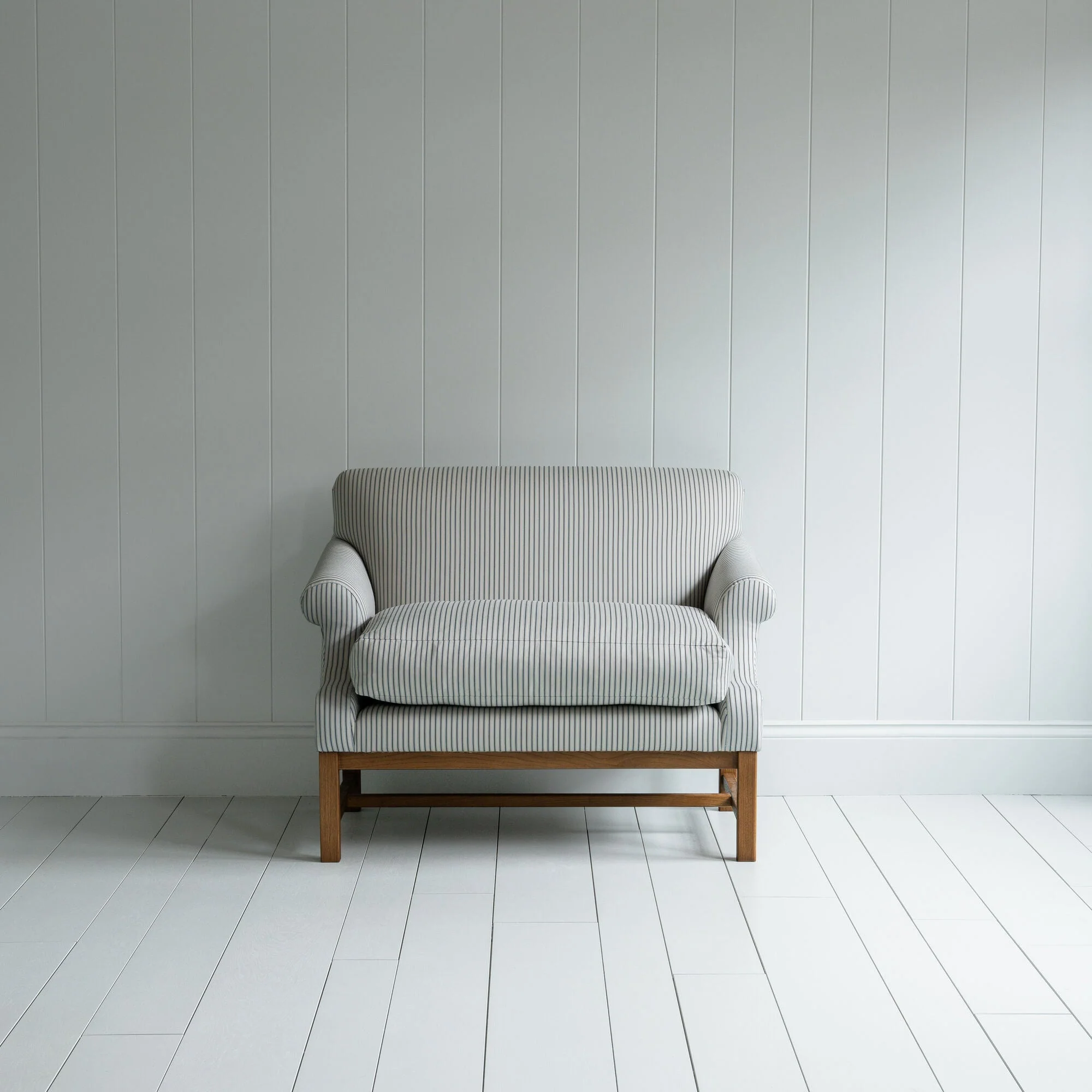Front Row Love Seat Upholstered Bench in Ticking Cotton Aqua Brown - Image 3