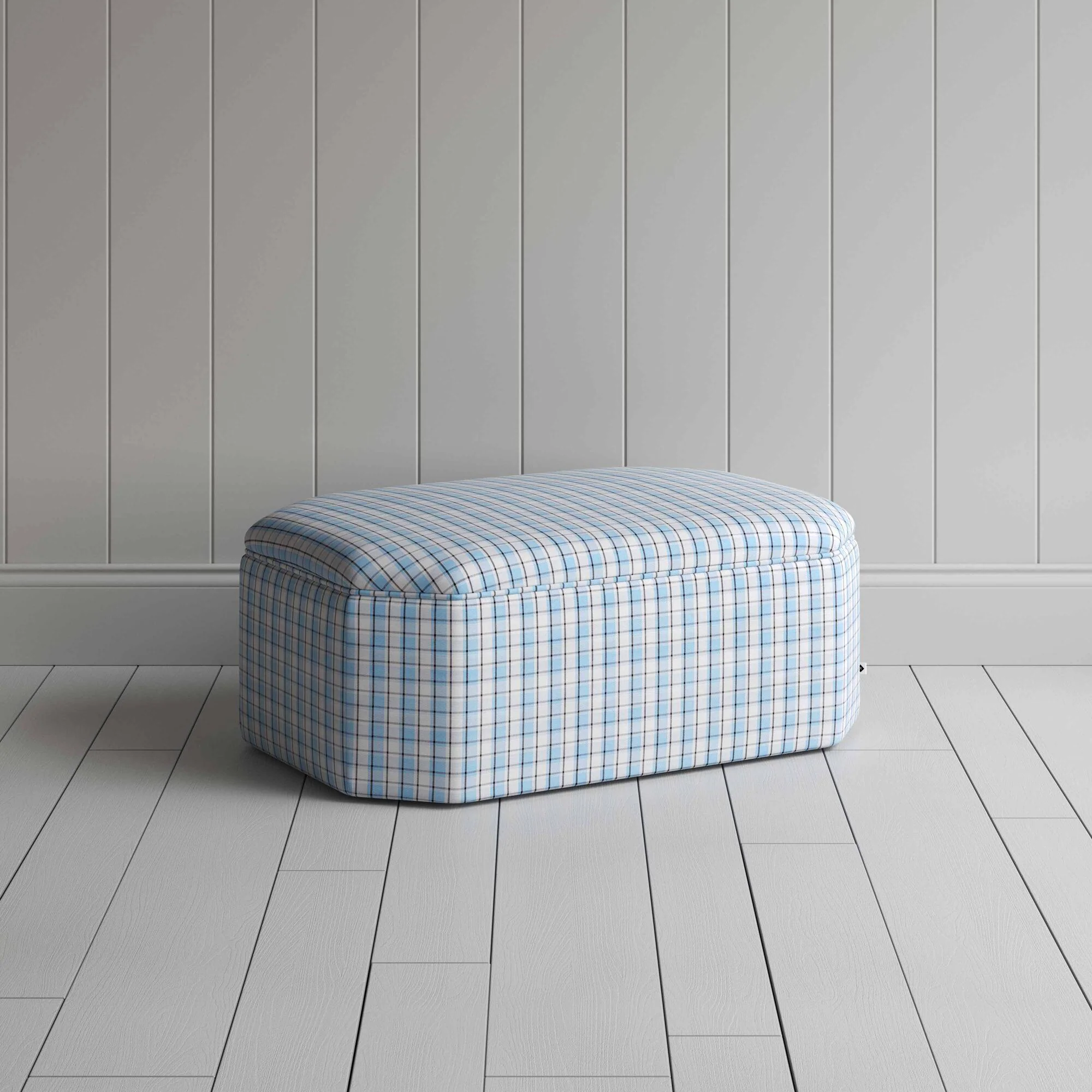 Hither Hexagonal Ottoman in Square Deal Cotton, Blue Brown