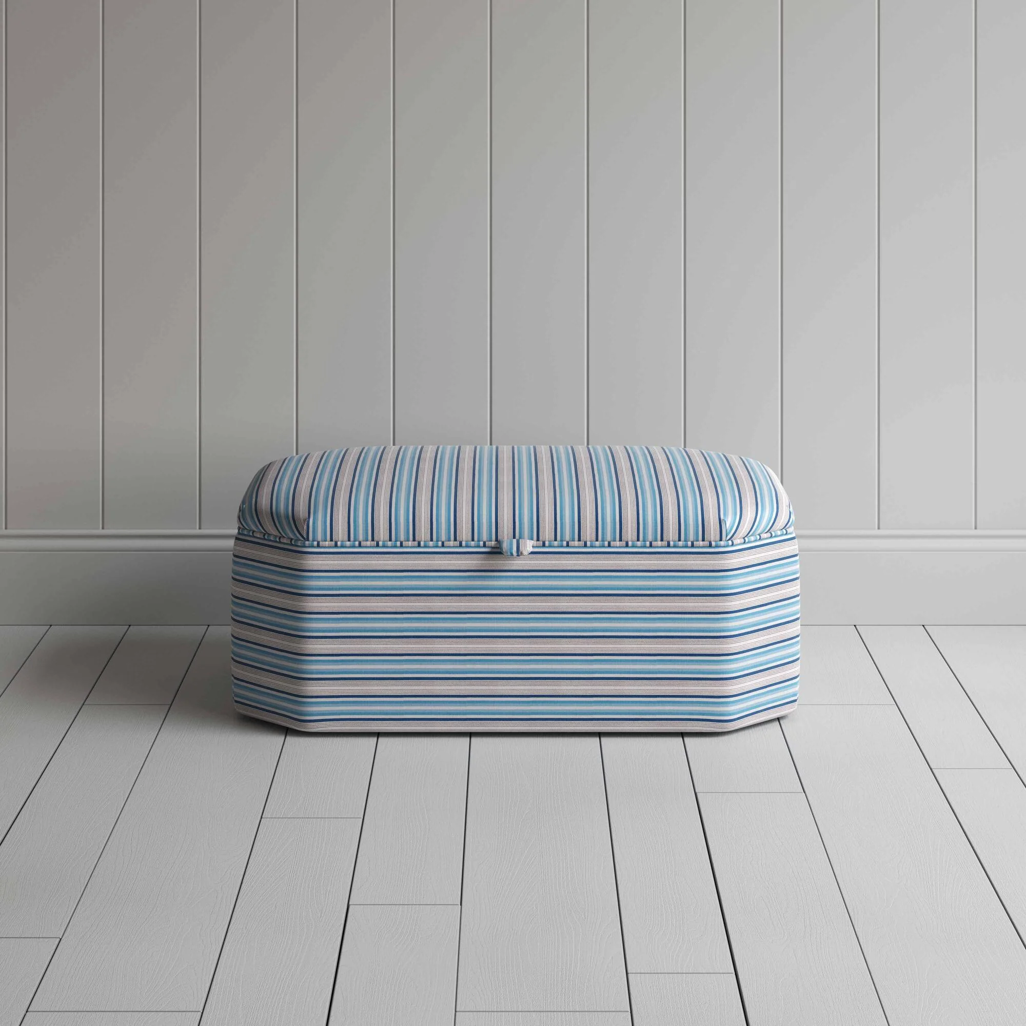 Hither Hexagonal Storage Ottoman in Slow Lane Cotton Linen, Blue - Image 3