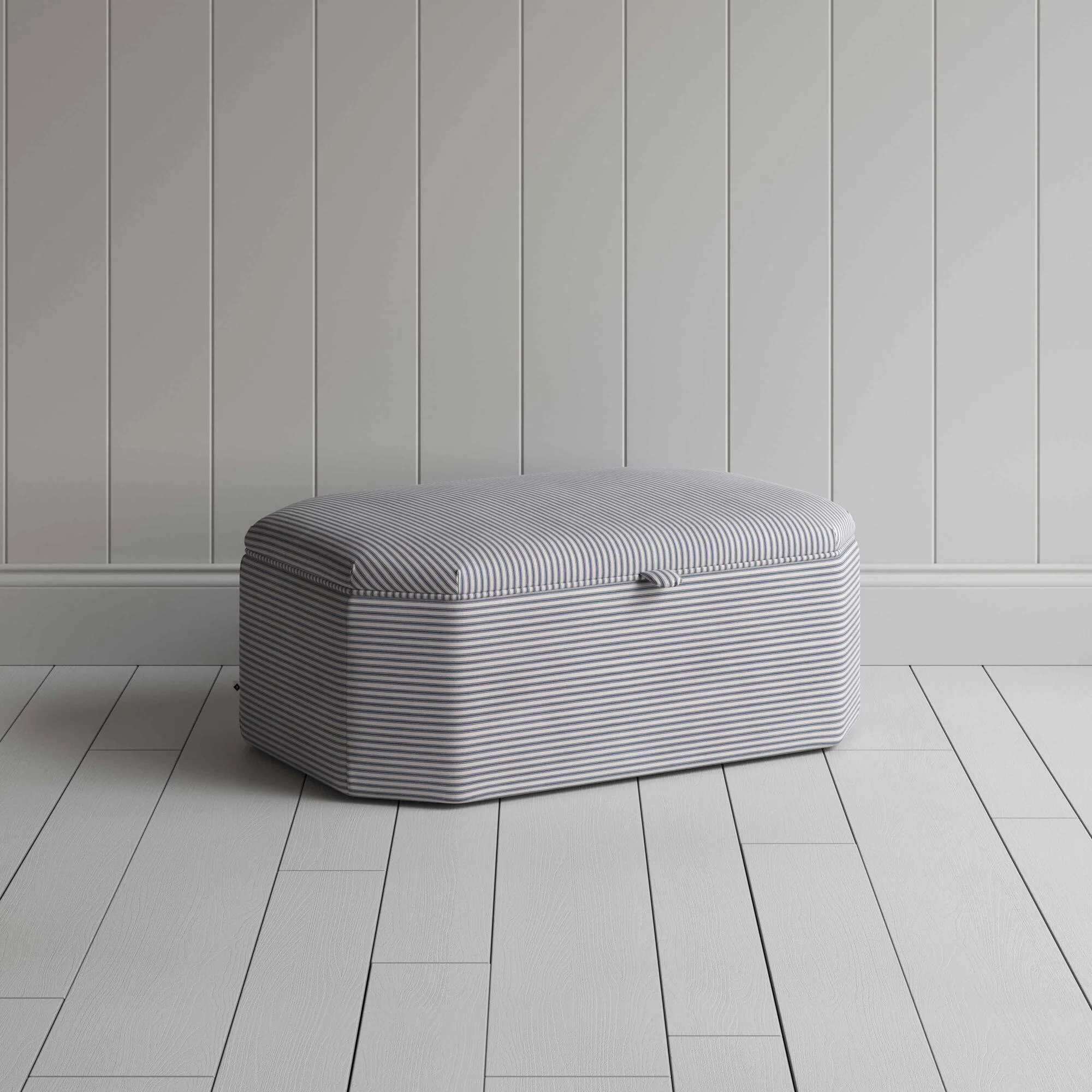 Hither Hexagonal Storage Ottoman in Ticking Cotton, Blue Brown