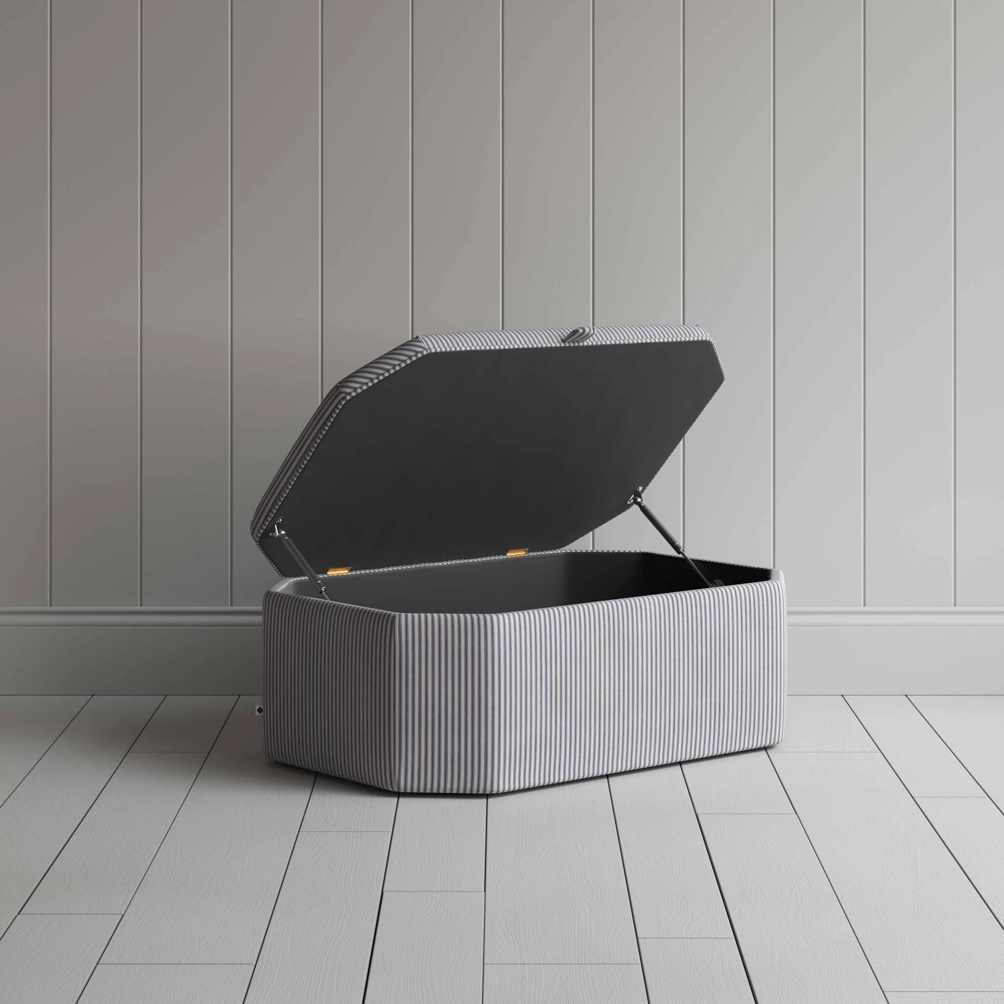 Hither Hexagonal Storage Ottoman in Ticking Cotton, Blue Brown - Image 2