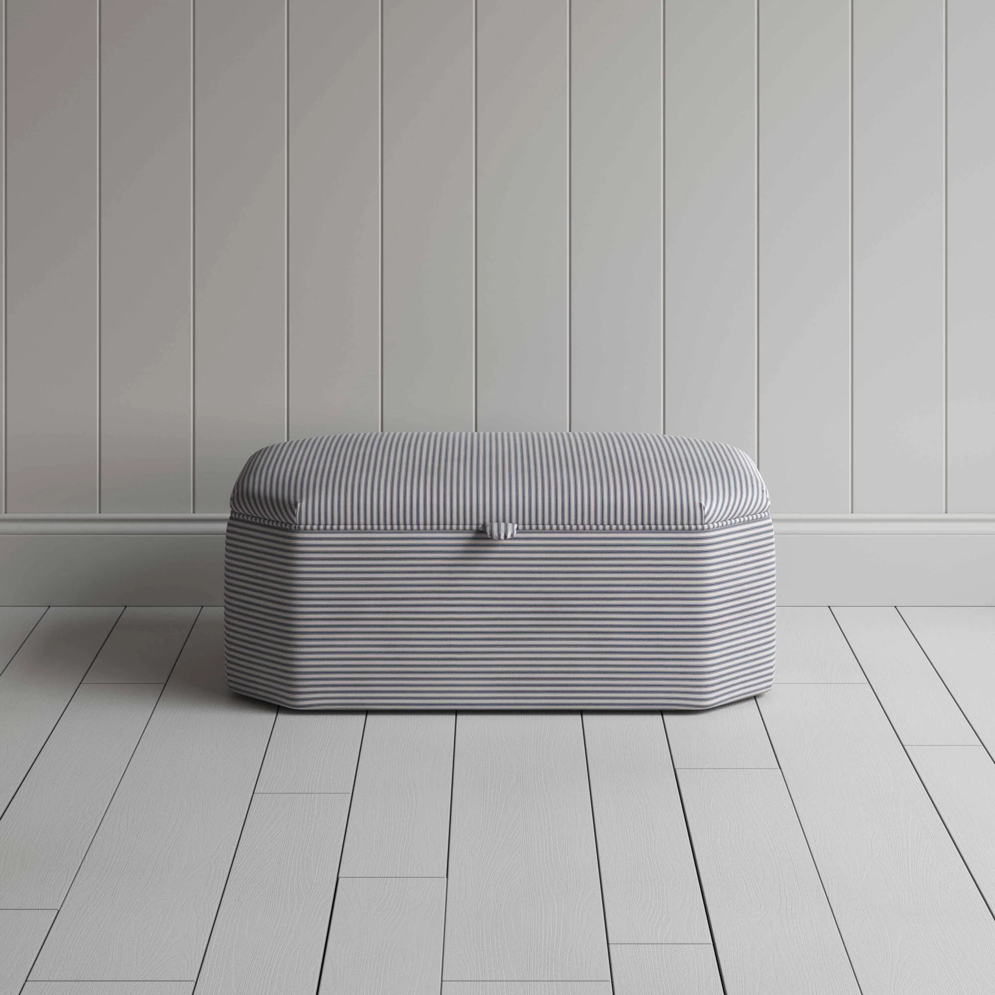 Hither Hexagonal Storage Ottoman in Ticking Cotton, Blue Brown - Image 3
