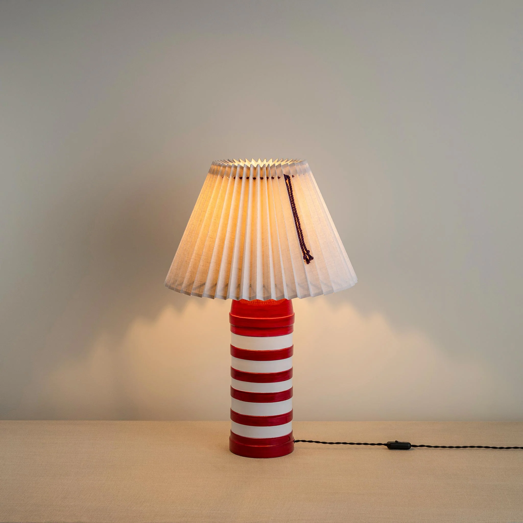 Humbug Striped Ceramic Table Lamp Base in Cherry Red & Warm White - Image 4