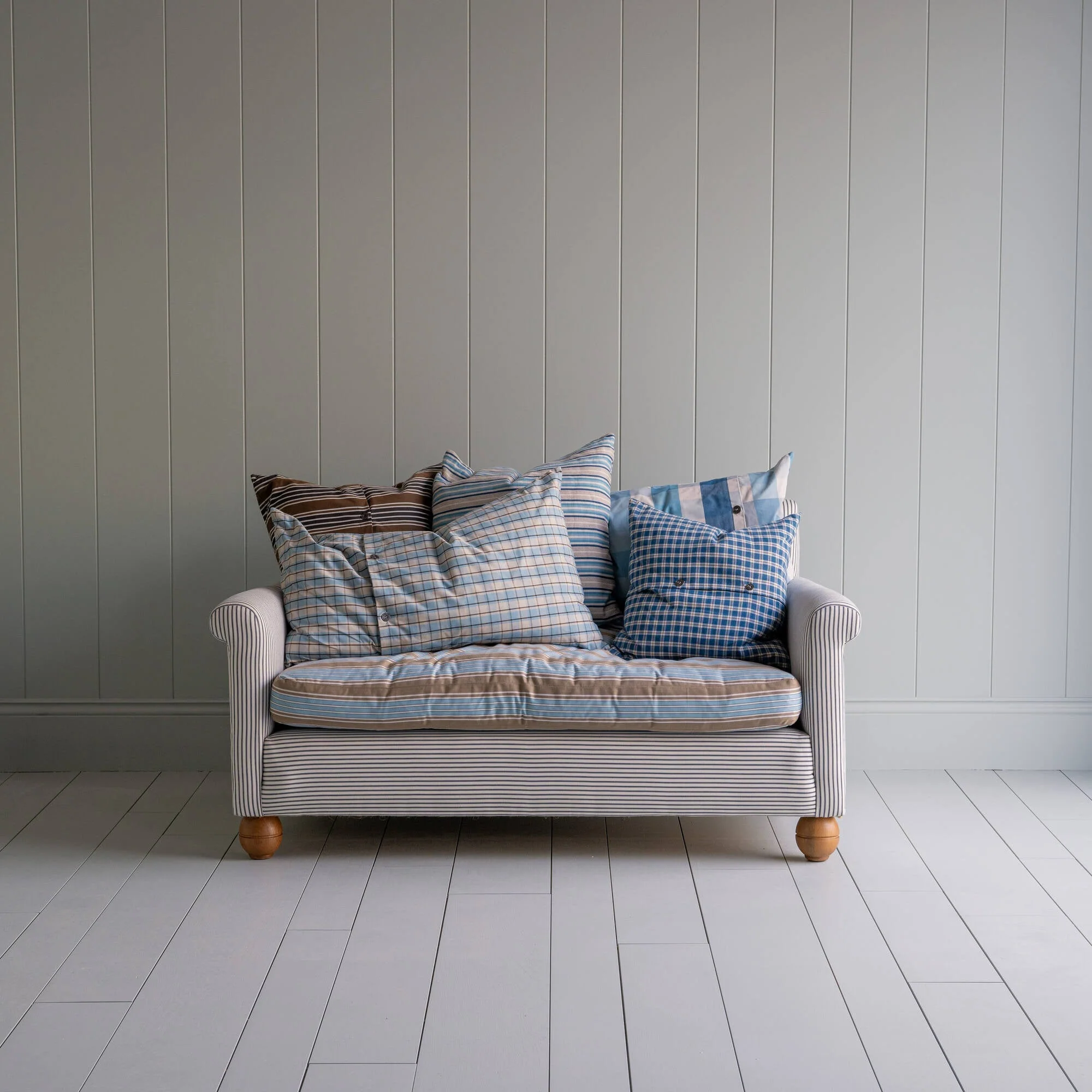 Idler 2 Seater Sofa in Ticking Cotton Chocolate Navy Frame and Regatta Blue Seat - Image 11