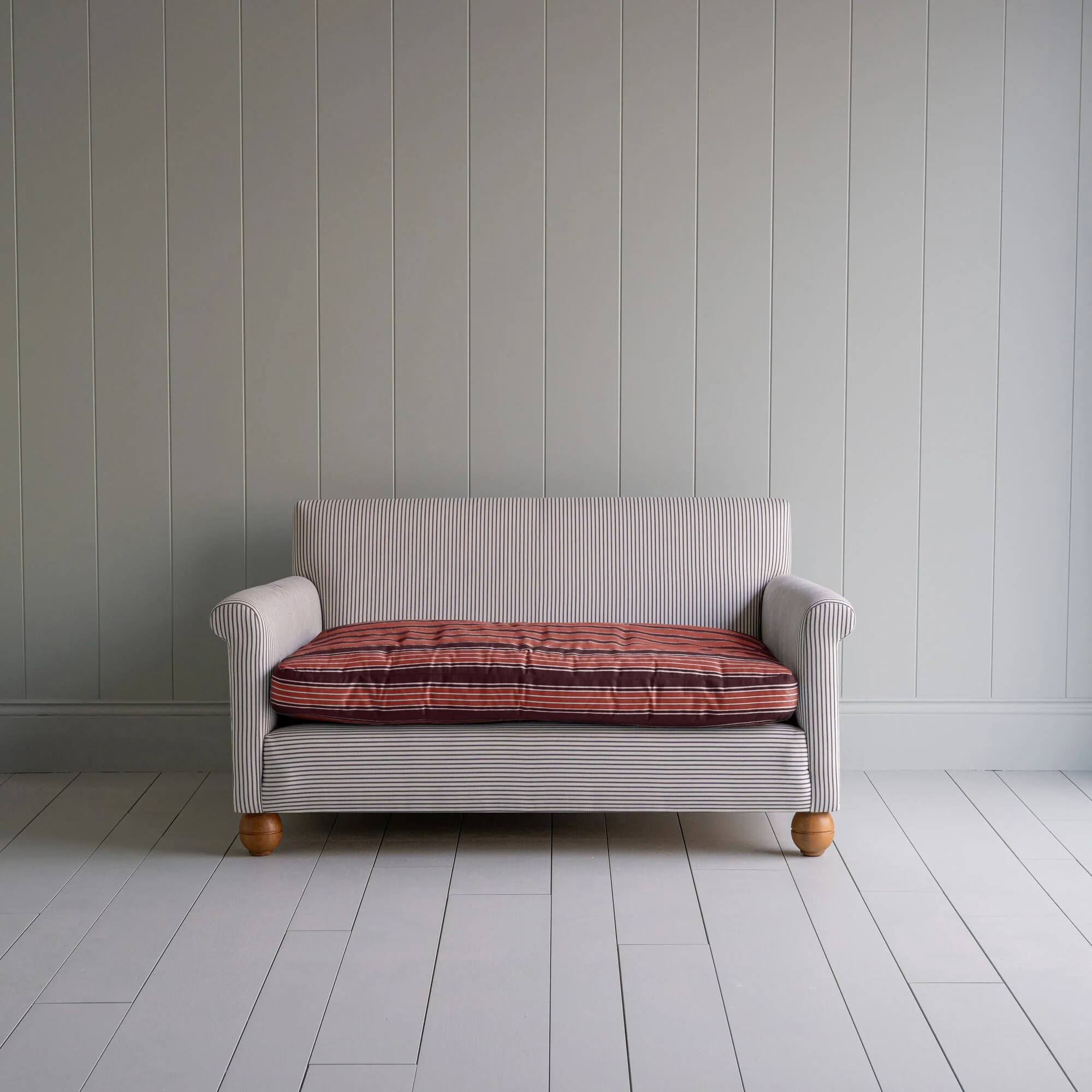Idler 2 Seater Sofa in Ticking Cotton Chocolate Navy Frame and Regatta Flame Seat - Image 3