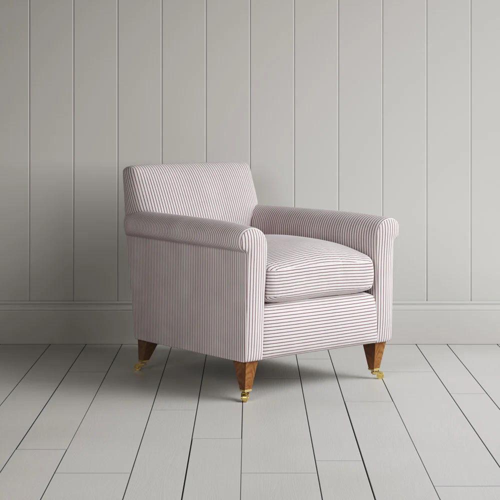 Idler Armchair in Ticking Cotton, Berry