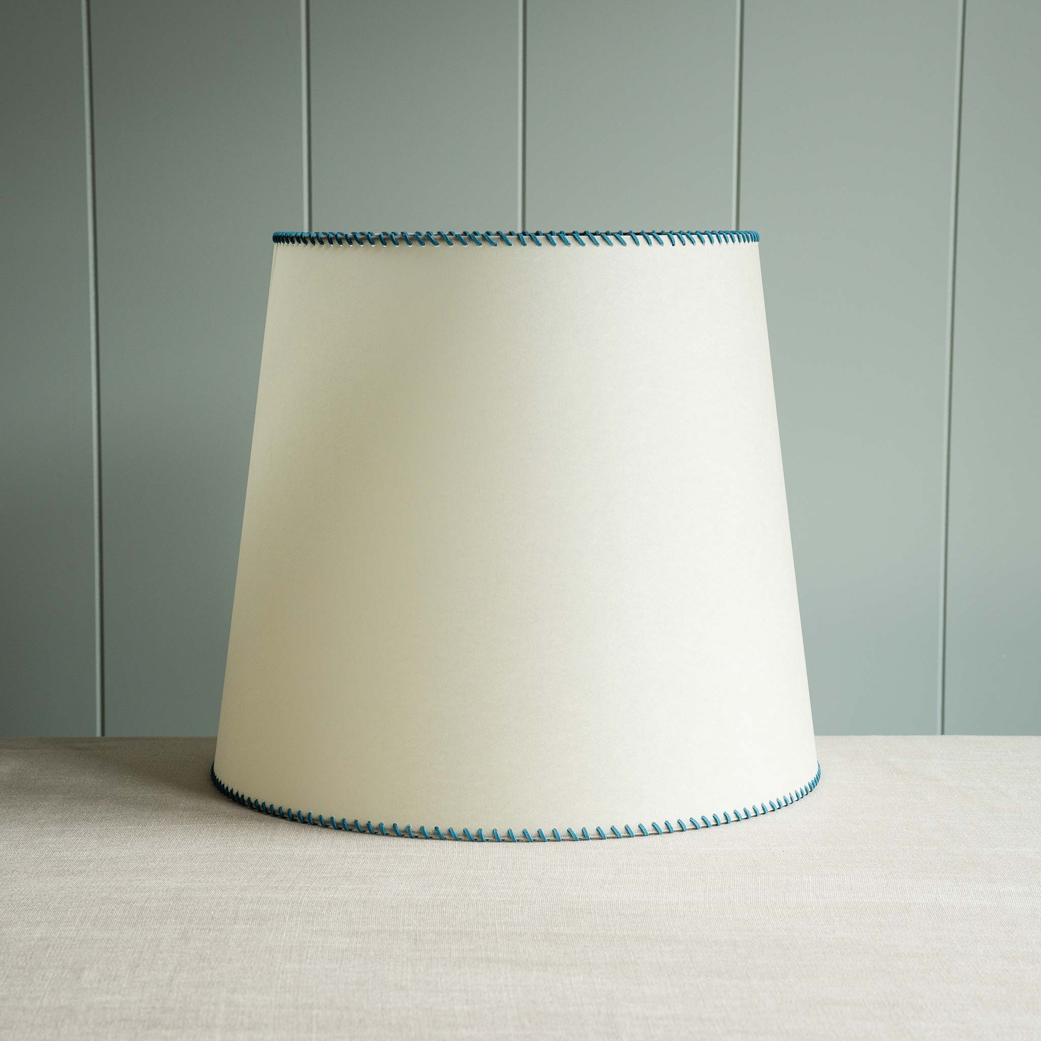 Large Rise Empire Lamp Shade in Natural Parchment with Peacock Blue Stitching - Image 3