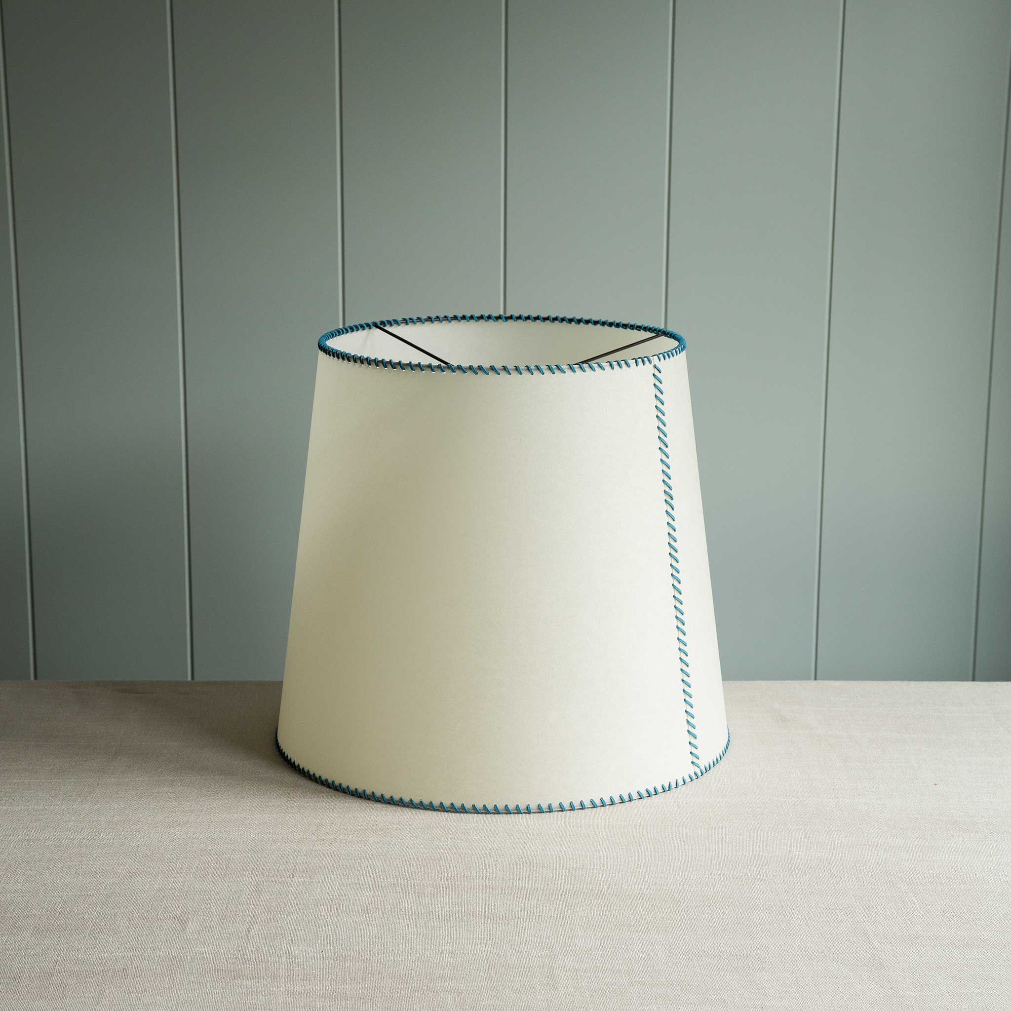 Large Rise Empire Lamp Shade in Natural Parchment with Peacock Blue Stitching - Image 6