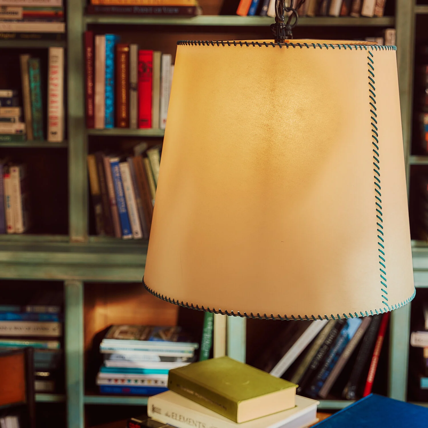 Large Rise Empire Lamp Shade in Natural Parchment with Peacock Blue Stitching - Image 7