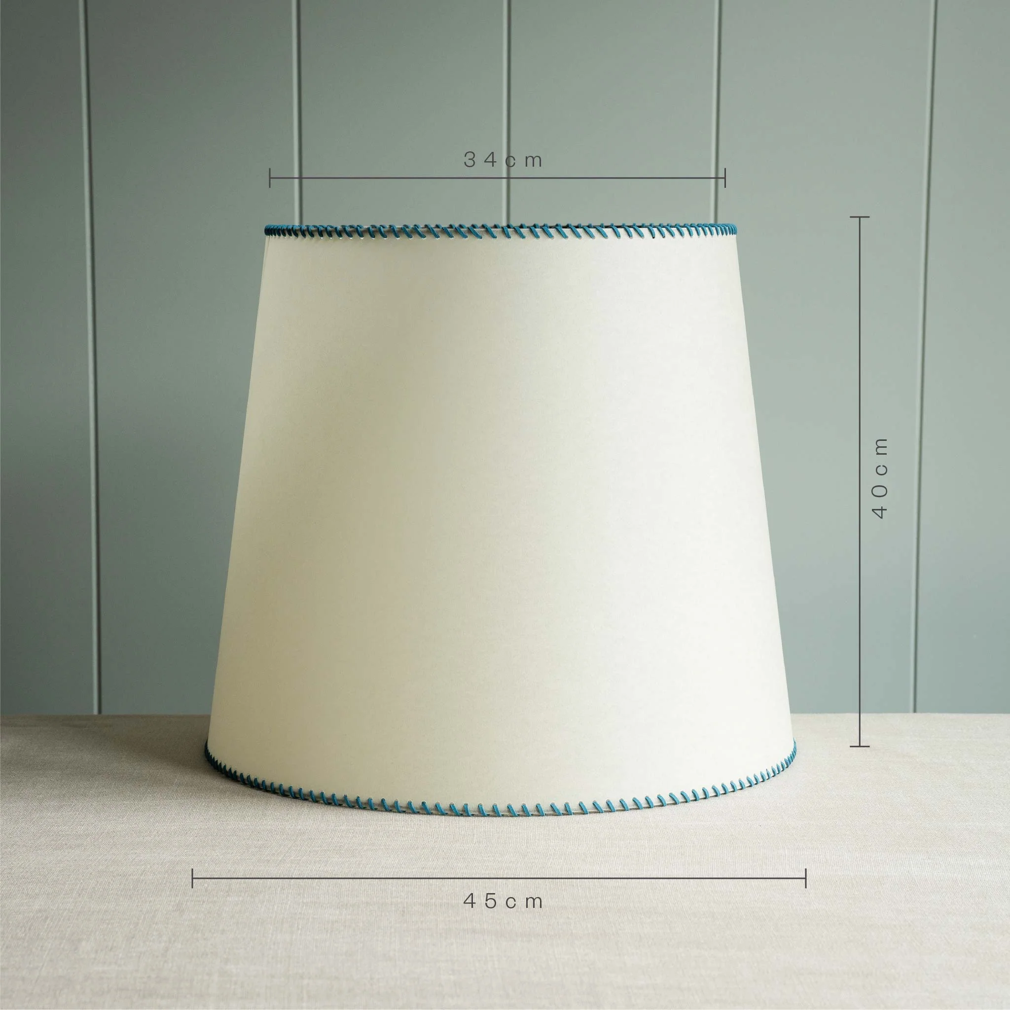 Large Rise Empire Lamp Shade in Natural Parchment with Peacock Blue Stitching - Image 8