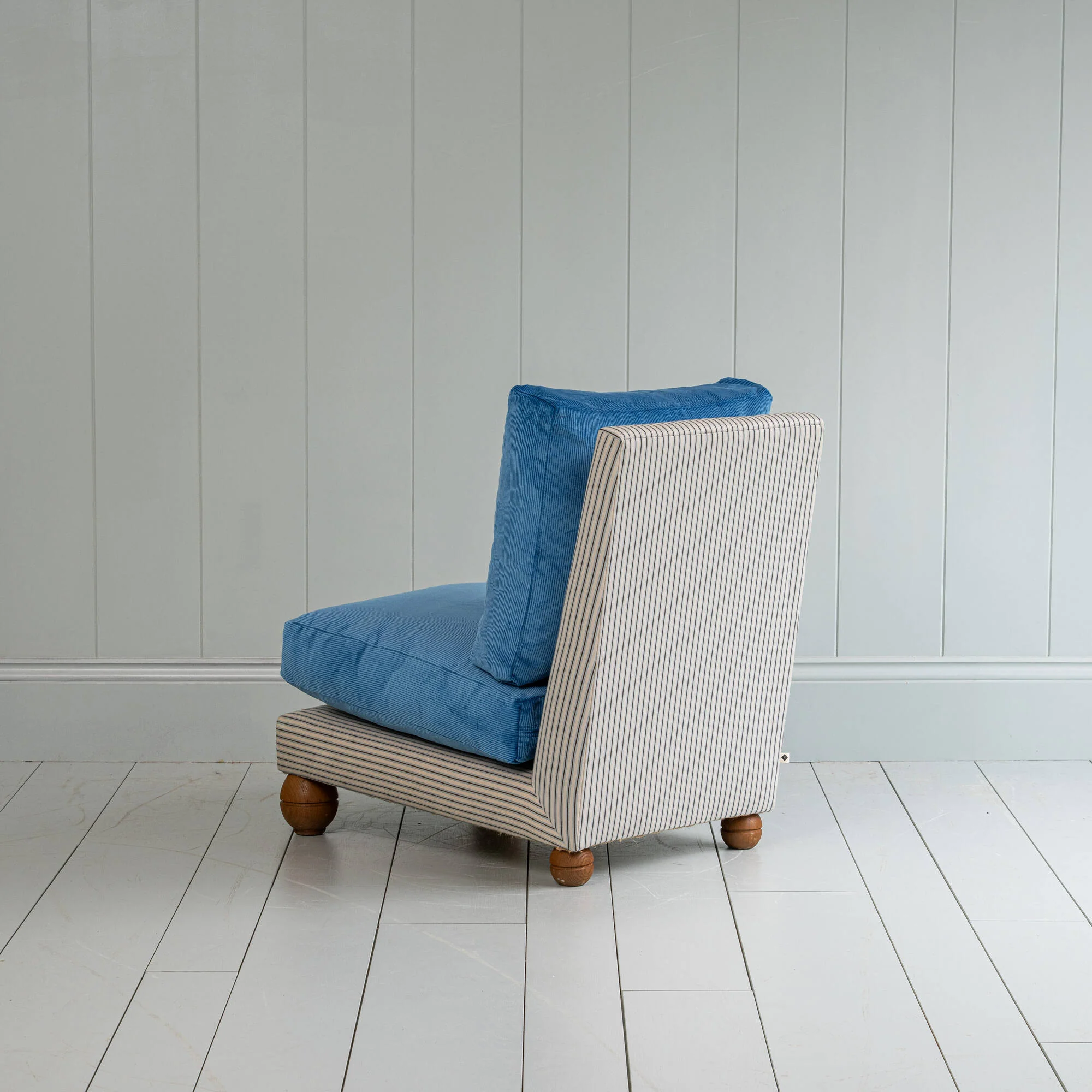 Perch Slipper Armchair in Ticking Aqua Brown Frame and Classic Corduroy Harbour Blue Seat - Image 9