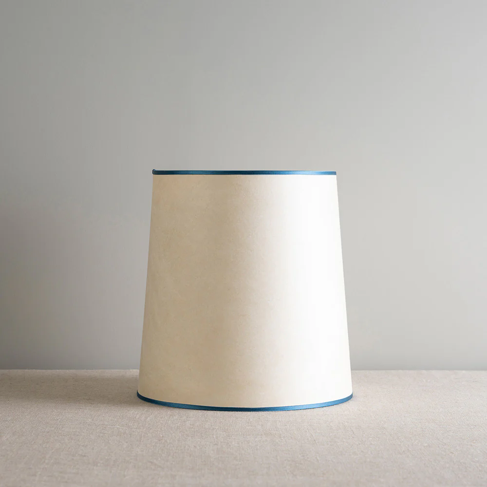 Rise Pendant, Brass with Empire Natural Parchment Lamp Shade with Blue Trim - Image 8