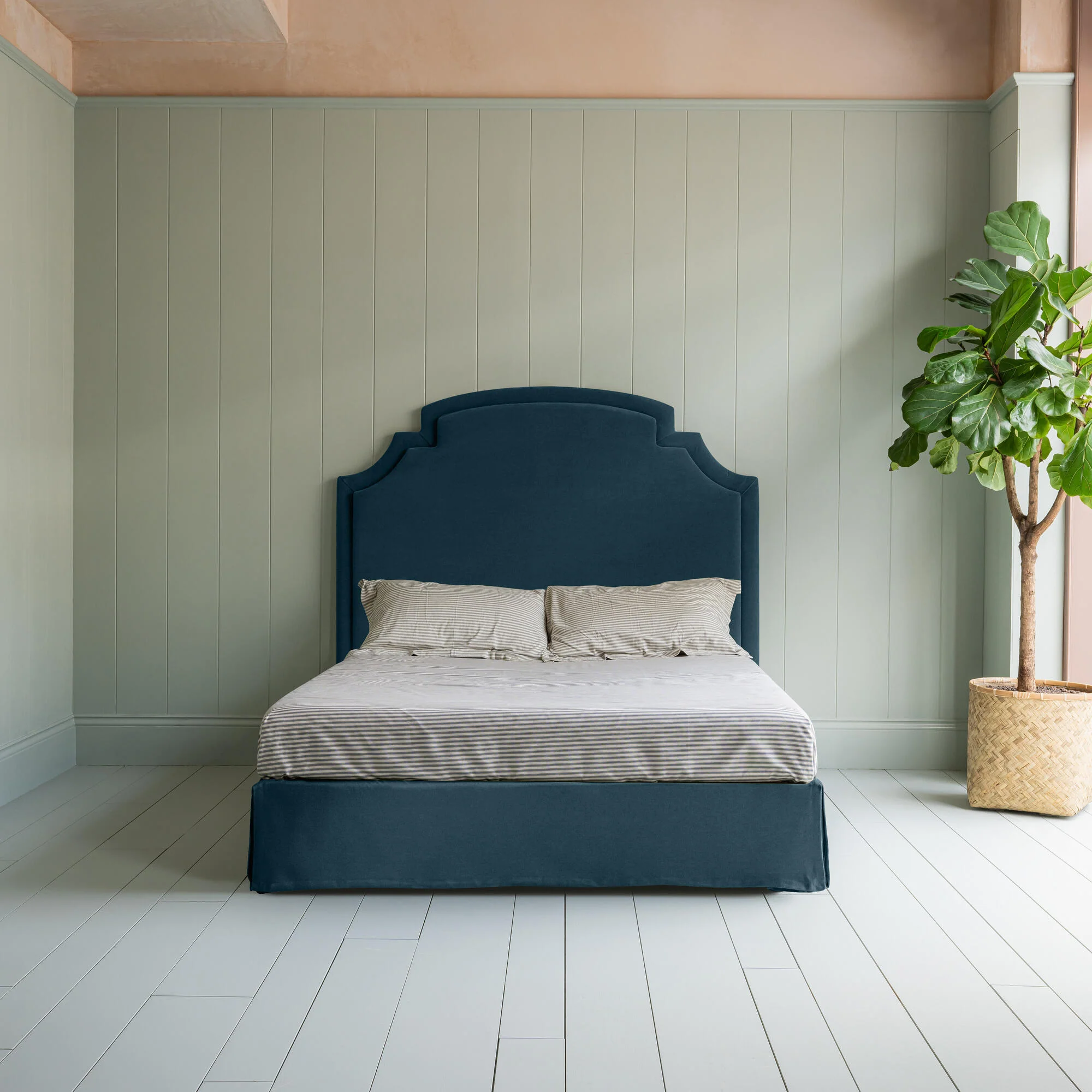 Seventh Heaven Upholstered Bed in Intelligent Velvet Aegean with Kick Pleat Valance