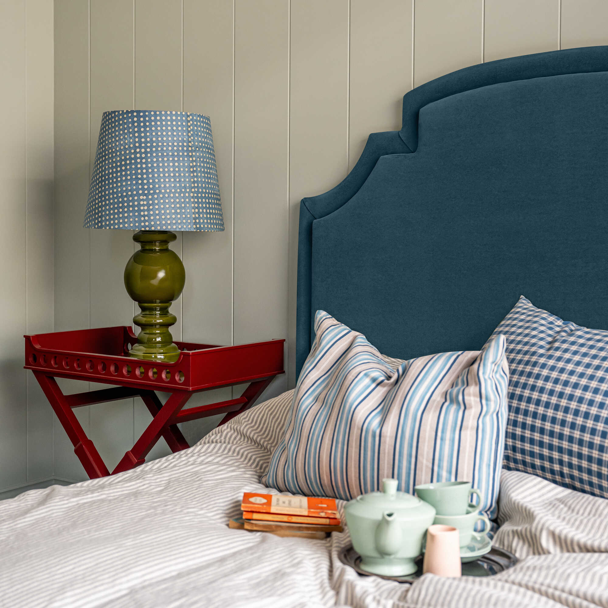Seventh Heaven Upholstered Bed in Intelligent Velvet Aegean with Ruffled Valance - Image 5