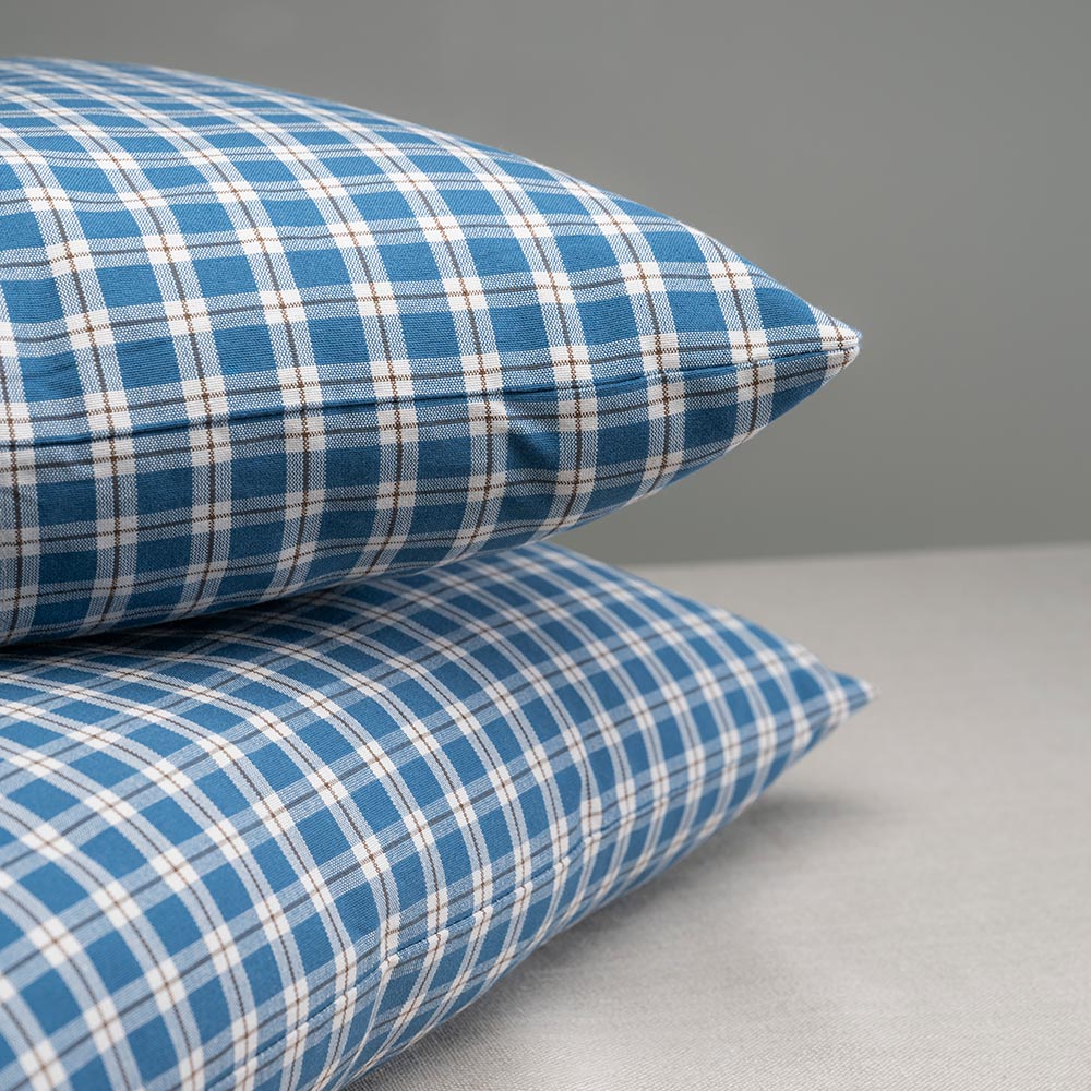 Square Kip Cushion in Well Plaid Cotton, Blue Brown - Image 3