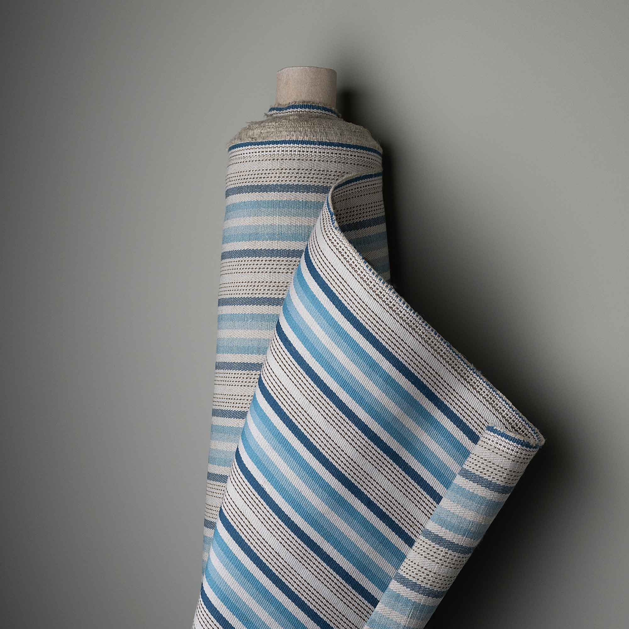 Thither Hexagonal Ottoman in Slow Lane Cotton Linen, Blue - Image 5