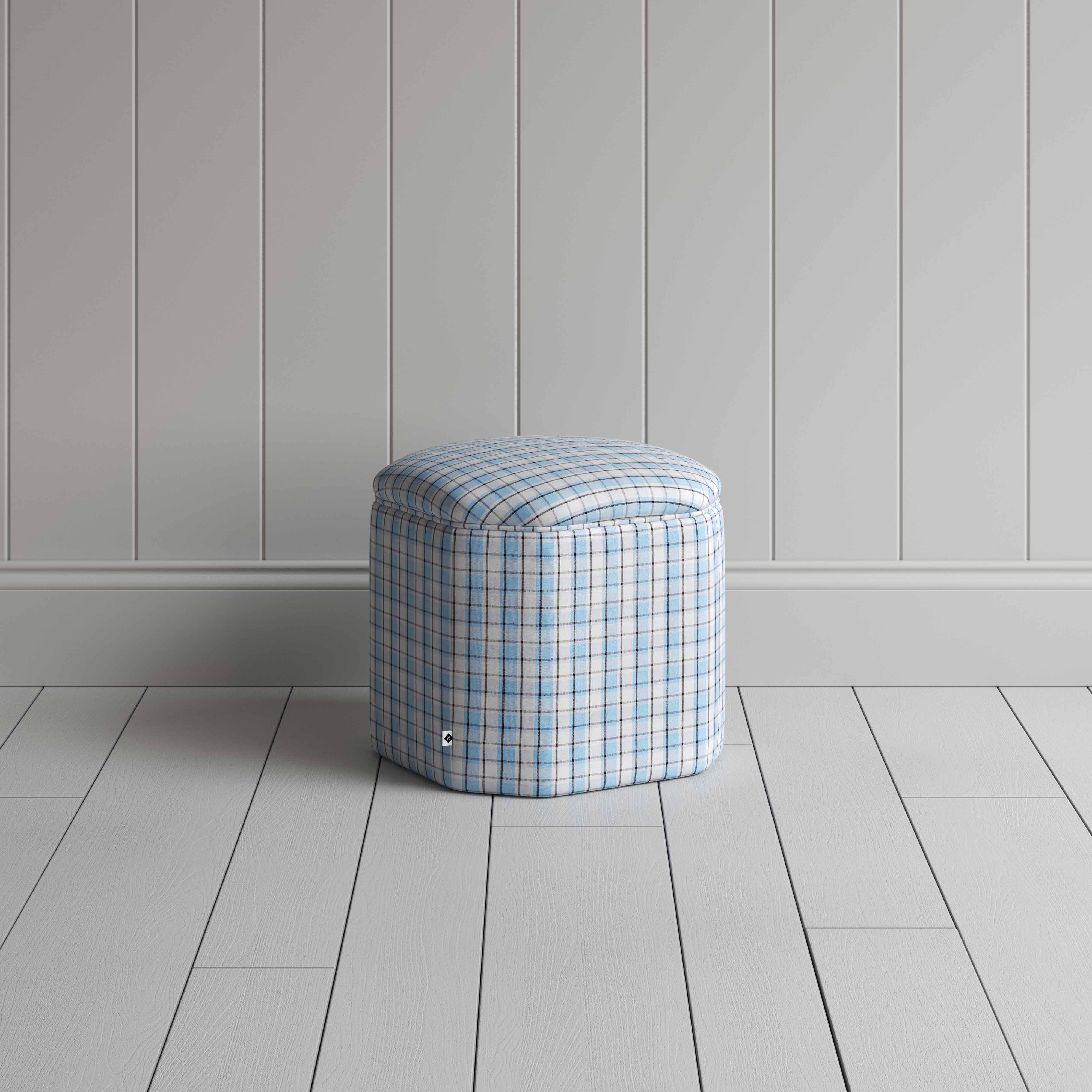 Thither Hexagonal Ottoman in Square Deal Cotton, Blue Brown