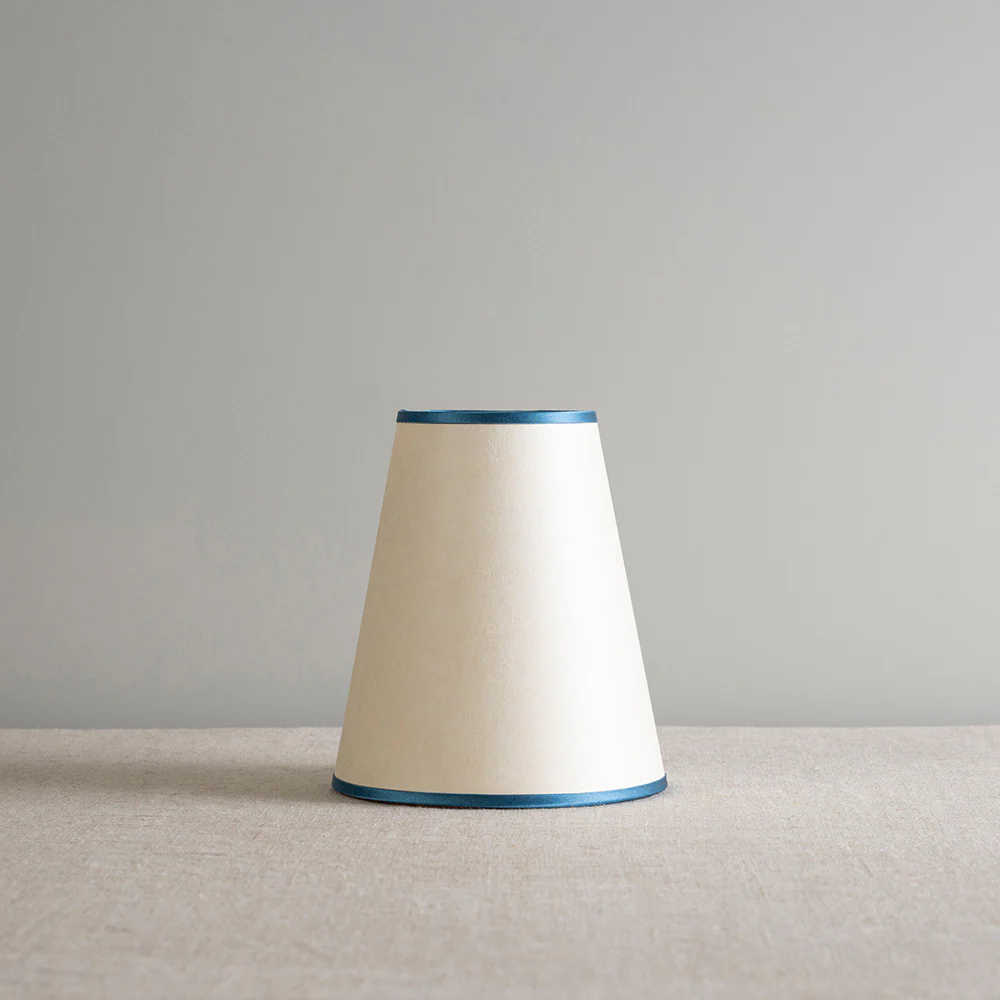 To The Point Paper Empire Lamp Shade in Soft White with Peacock Blue Trim - Image 4